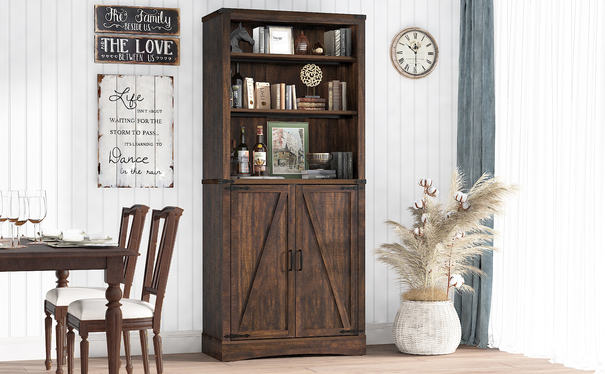 71" Tall Farmhouse Kitchen Pantry with Adjustable Shelves, 5 Layers Pantry Storage Cabinet with 2 Barn Doors&Load-Bearing Steel Pipe for Kitchen, Dining Room, Living Room, Rustic White