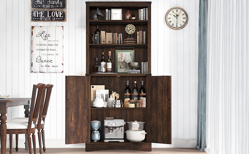 71" Tall Farmhouse Kitchen Pantry with Adjustable Shelves, 5 Layers Pantry Storage Cabinet with 2 Barn Doors&Load-Bearing Steel Pipe for Kitchen, Dining Room, Living Room, Rustic White