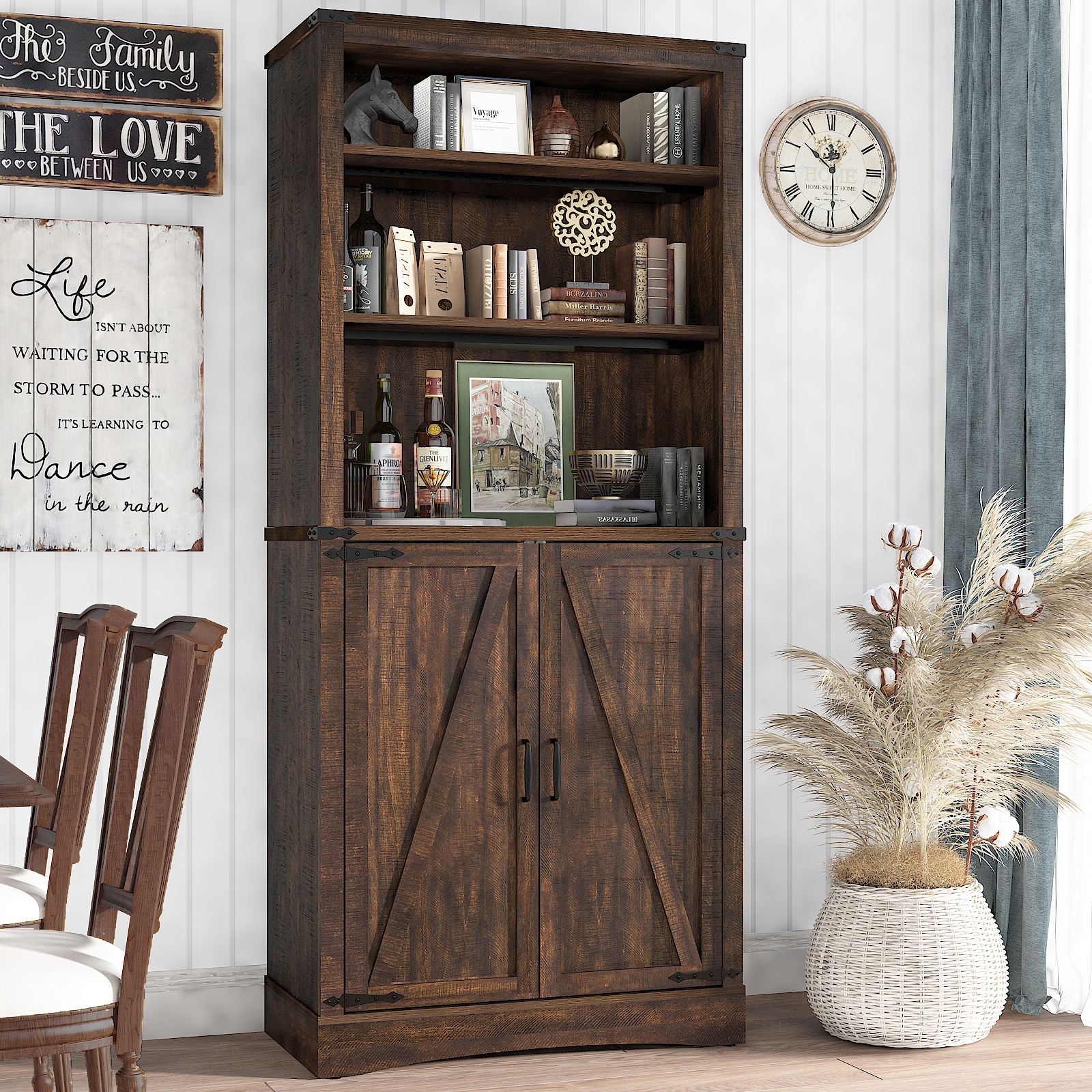 71" Tall Farmhouse Kitchen Pantry with Adjustable Shelves, 5 Layers Pantry Storage Cabinet with 2 Barn Doors&Load-Bearing Steel Pipe for Kitchen, Dining Room, Living Room, Rustic White