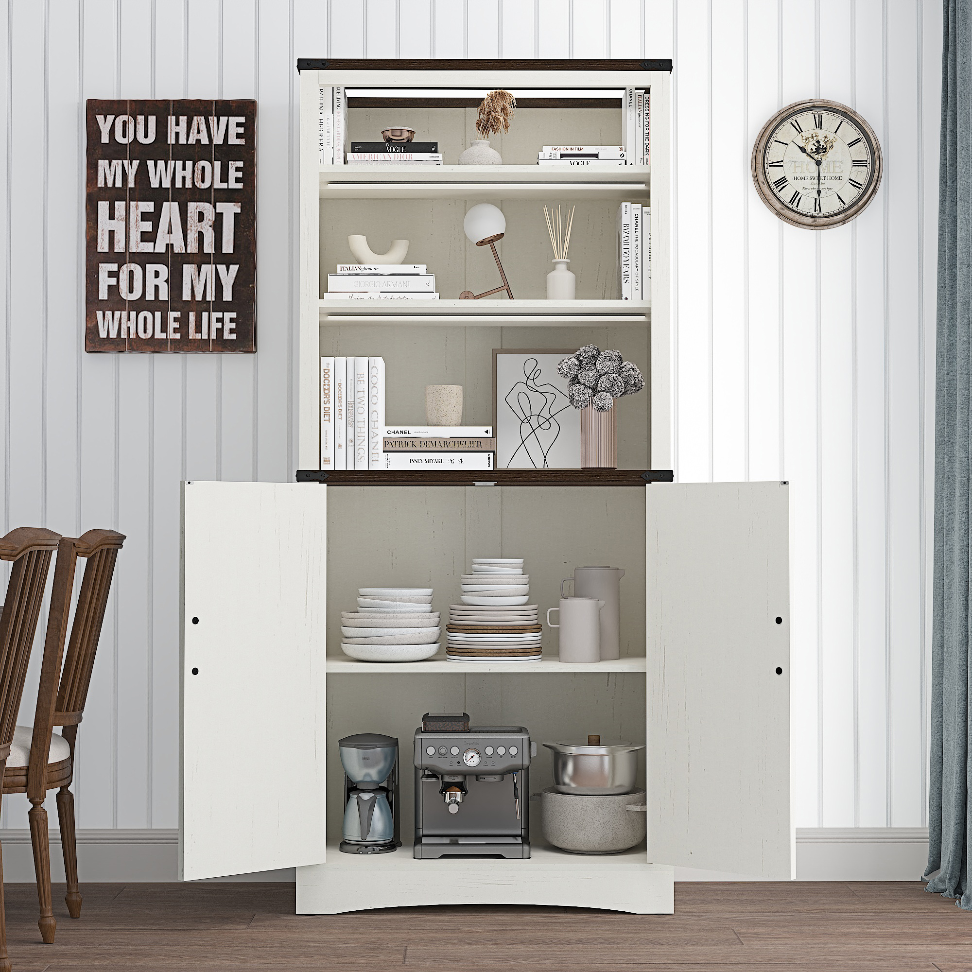 71" Tall Farmhouse Kitchen Pantry with Adjustable Shelves, 5 Layers Pantry Storage Cabinet with 2 Barn Doors&Load-Bearing Steel Pipe for Kitchen, Dining Room, Living Room