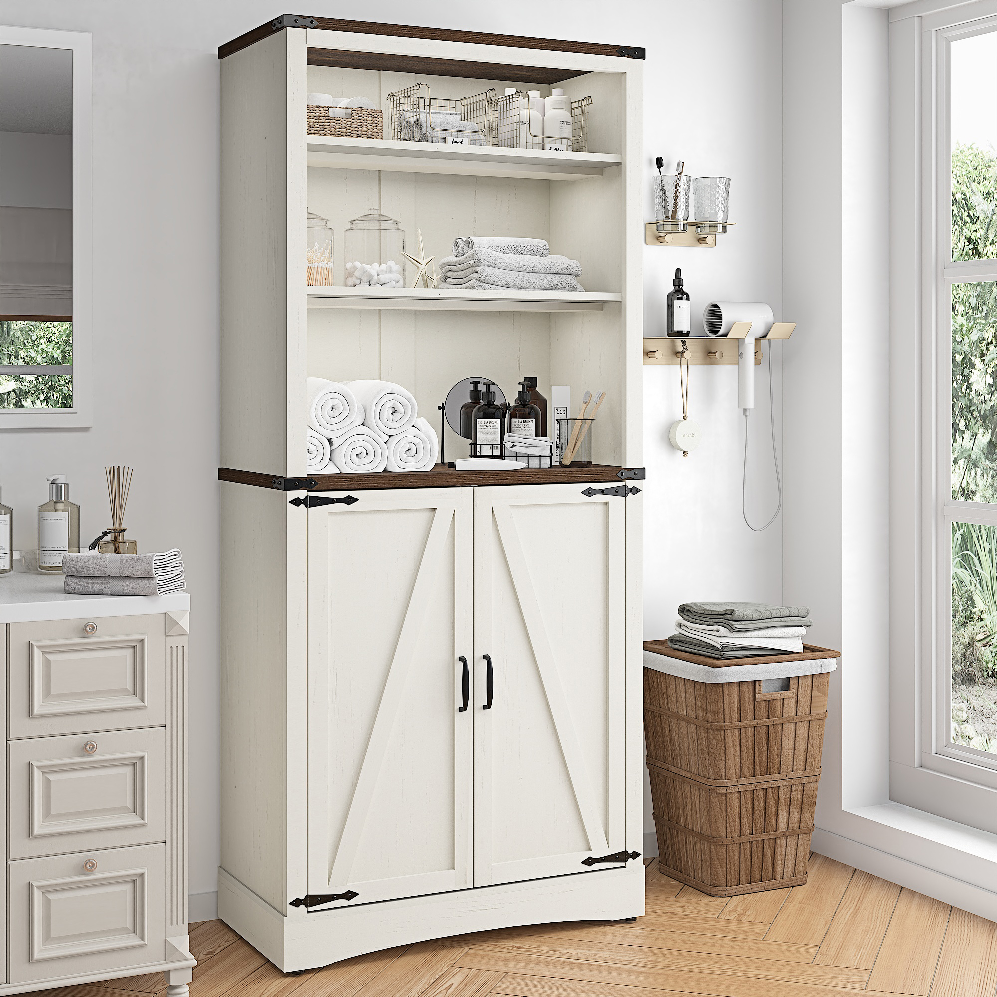 71" Tall Farmhouse Kitchen Pantry with Adjustable Shelves, 5 Layers Pantry Storage Cabinet with 2 Barn Doors&Load-Bearing Steel Pipe for Kitchen, Dining Room, Living Room, Rustic White