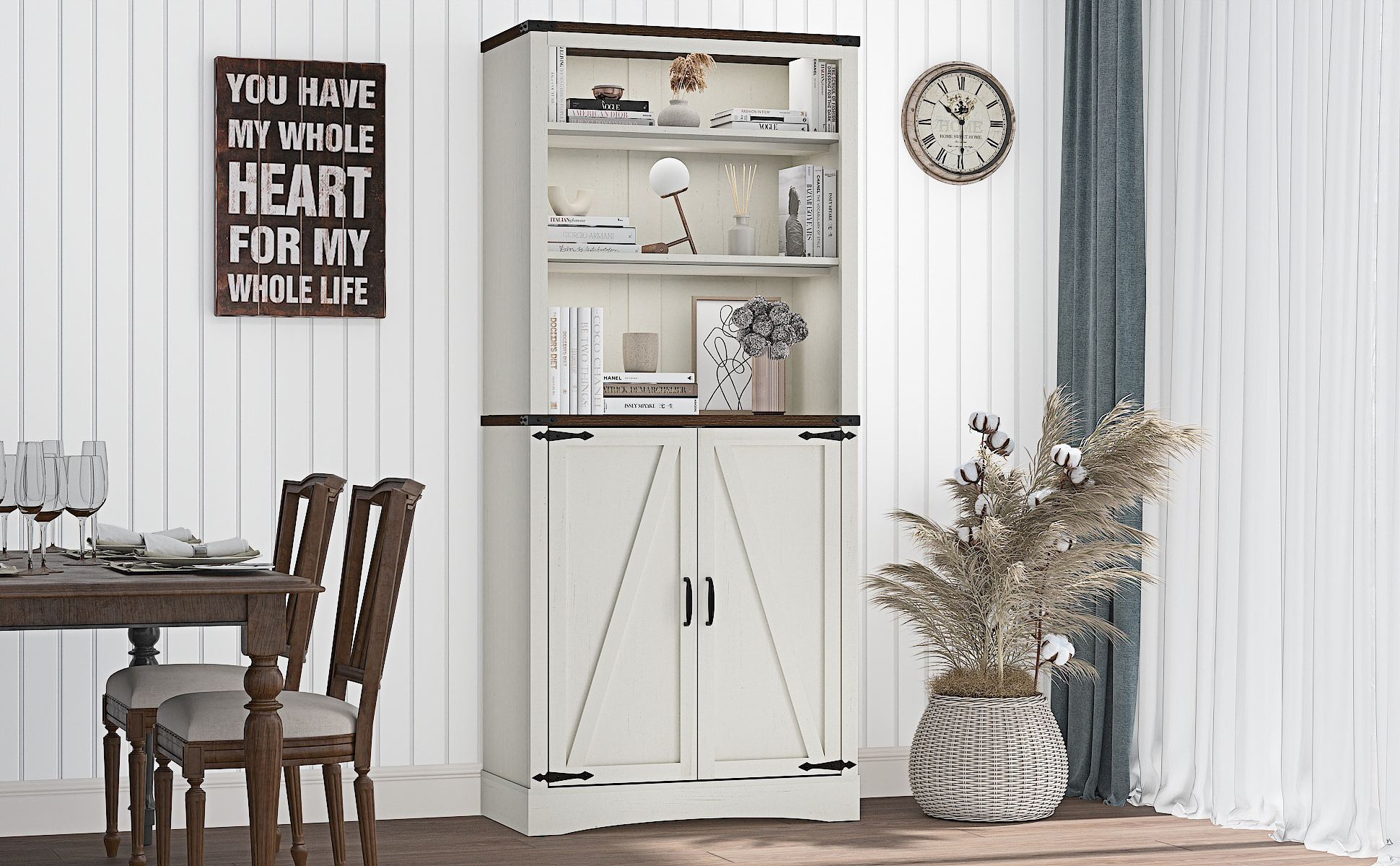 71" Tall Farmhouse Kitchen Pantry with Adjustable Shelves, 5 Layers Pantry Storage Cabinet with 2 Barn Doors&Load-Bearing Steel Pipe for Kitchen, Dining Room, Living Room