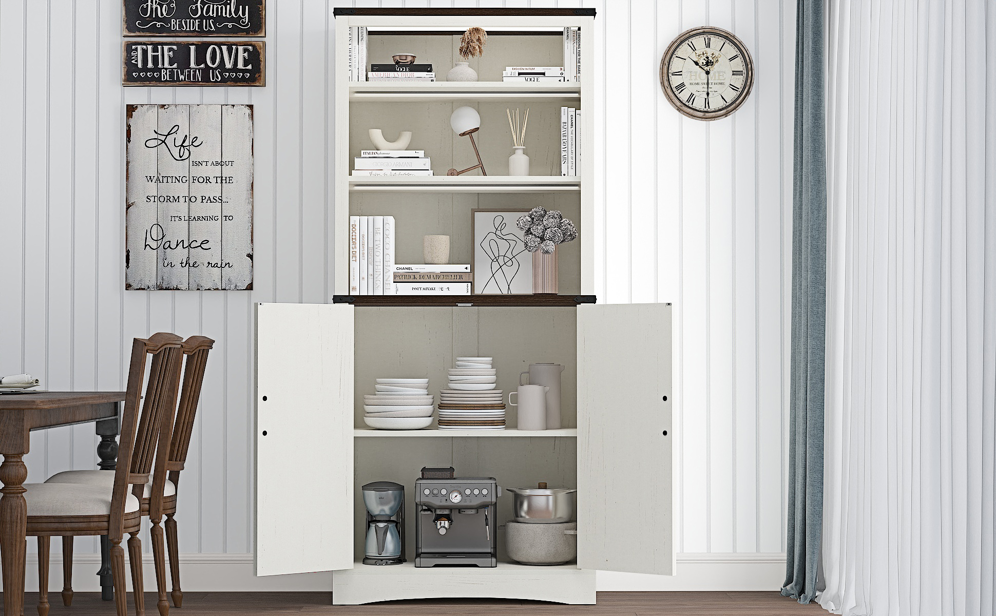 71" Tall Farmhouse Kitchen Pantry with Adjustable Shelves, 5 Layers Pantry Storage Cabinet with 2 Barn Doors&Load-Bearing Steel Pipe for Kitchen, Dining Room, Living Room, Rustic White