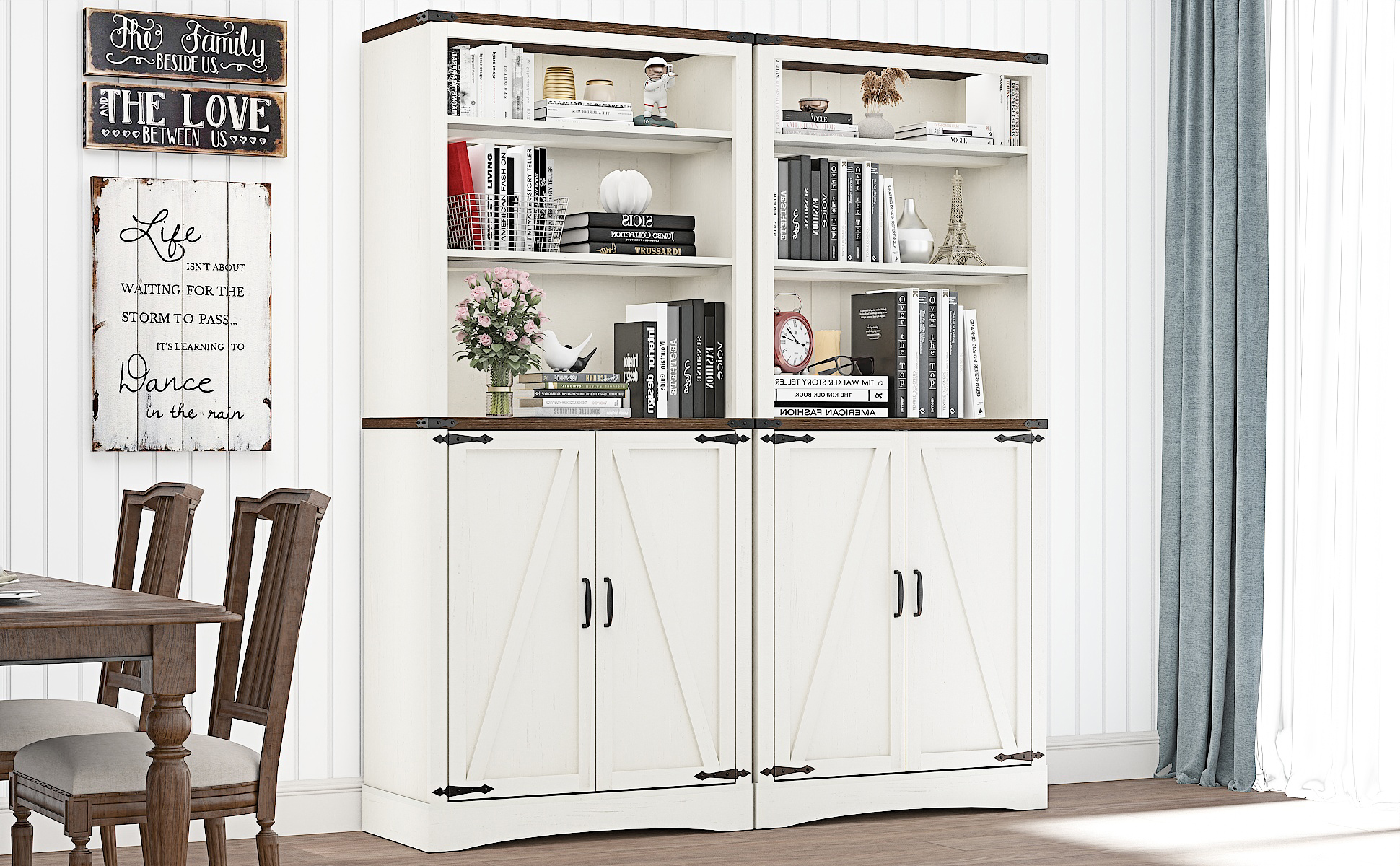 71" Tall Farmhouse Kitchen Pantry with Adjustable Shelves, 5 Layers Pantry Storage Cabinet with 2 Barn Doors&Load-Bearing Steel Pipe for Kitchen, Dining Room, Living Room, Rustic White