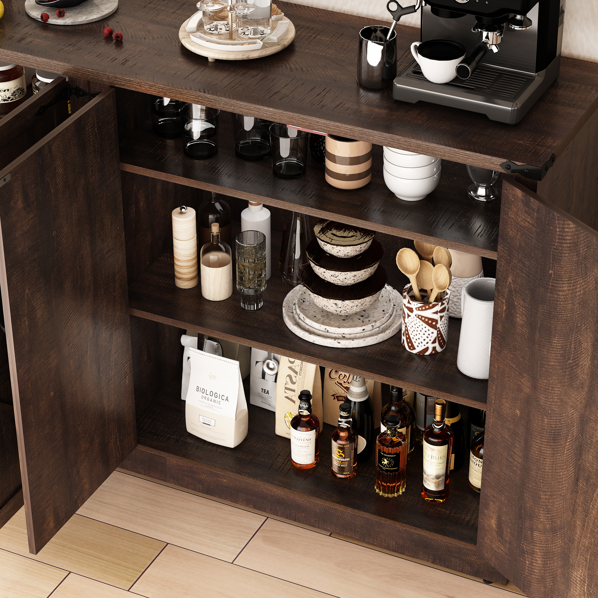 71" Tall Farmhouse Kitchen Pantry Cabinet, 5 Layers Storage Cabinet with Adjustable Shelves, Farmhouse Pantry Cabinet with 4 Barn Doors for Kitchen, Dining Room, Bathroom, Living Room, Rustic White