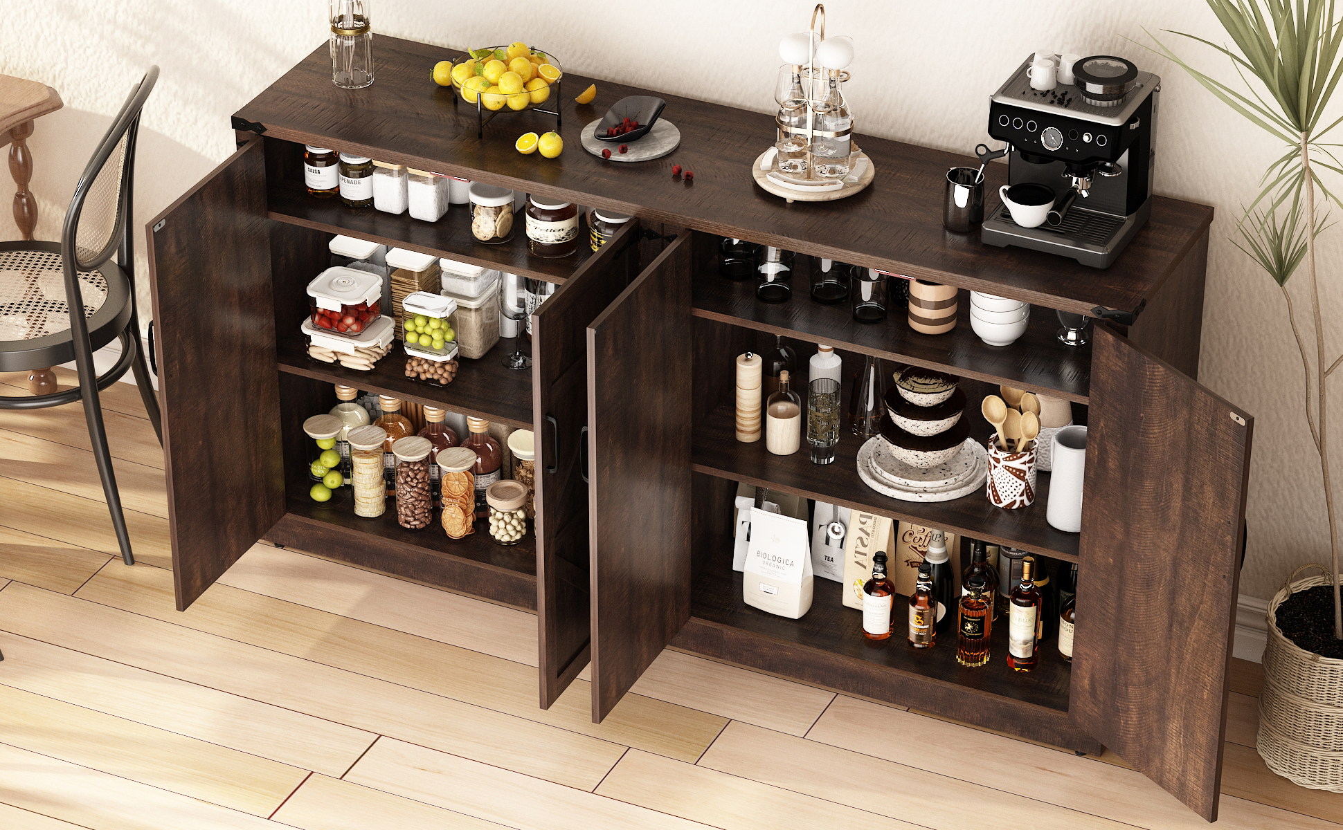 71" Tall Farmhouse Kitchen Pantry Cabinet, 5 Layers Storage Cabinet with Adjustable Shelves, Farmhouse Pantry Cabinet with 4 Barn Doors for Kitchen, Dining Room, Bathroom, Living Room, Rustic White