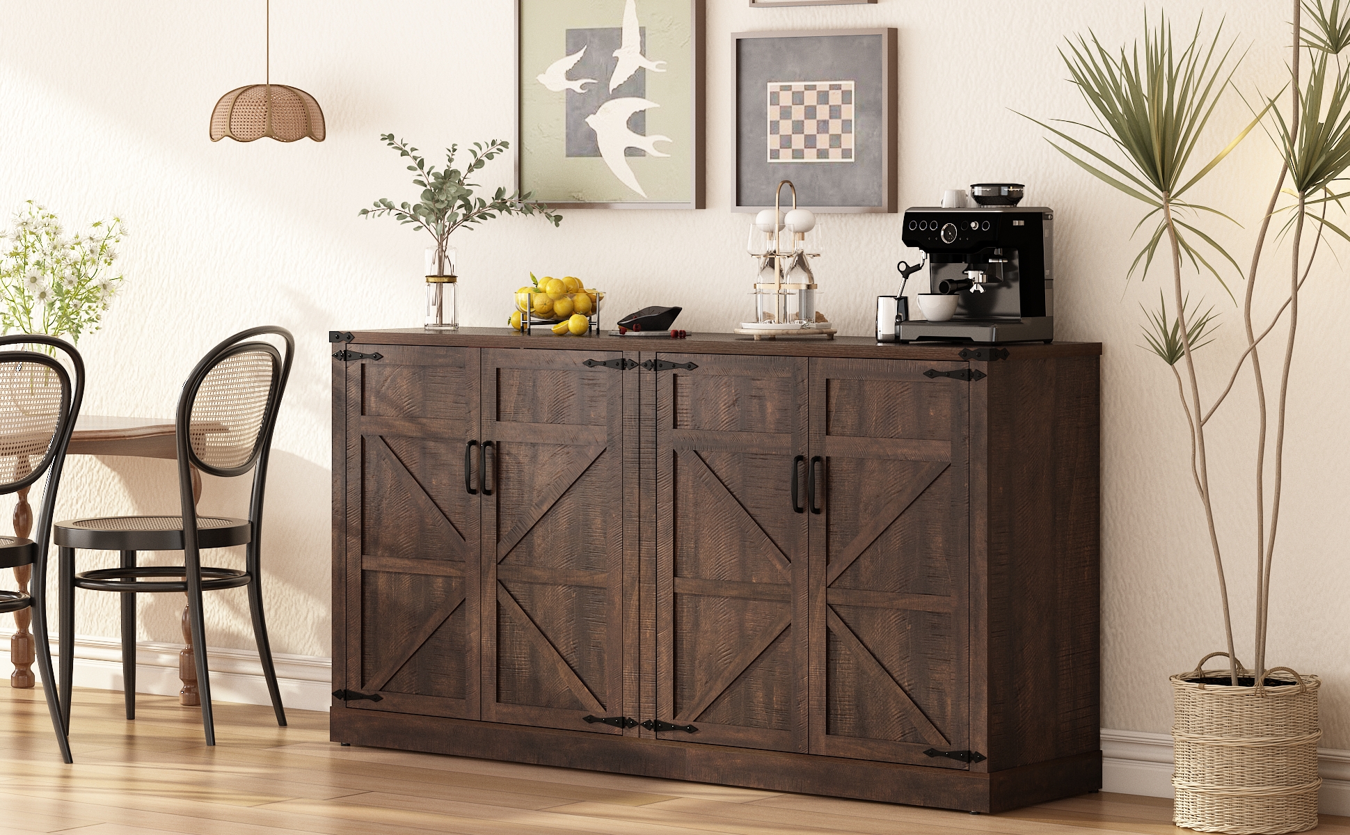 71" Tall Farmhouse Kitchen Pantry Cabinet, 5 Layers Storage Cabinet with Adjustable Shelves, Farmhouse Pantry Cabinet with 4 Barn Doors for Kitchen, Dining Room, Bathroom, Living Room, Rustic White