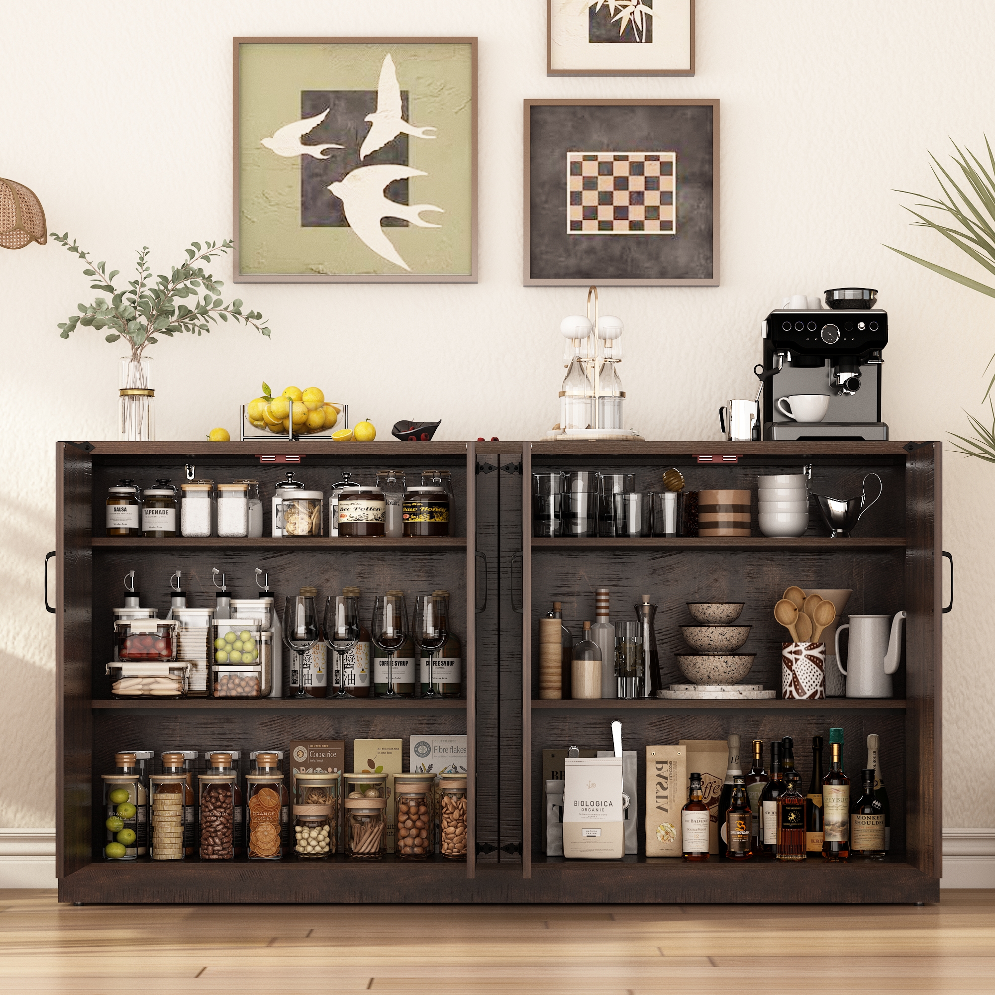 71" Tall Farmhouse Kitchen Pantry Cabinet, 5 Layers Storage Cabinet with Adjustable Shelves, Farmhouse Pantry Cabinet with 4 Barn Doors for Kitchen, Dining Room, Bathroom, Living Room, Rustic White