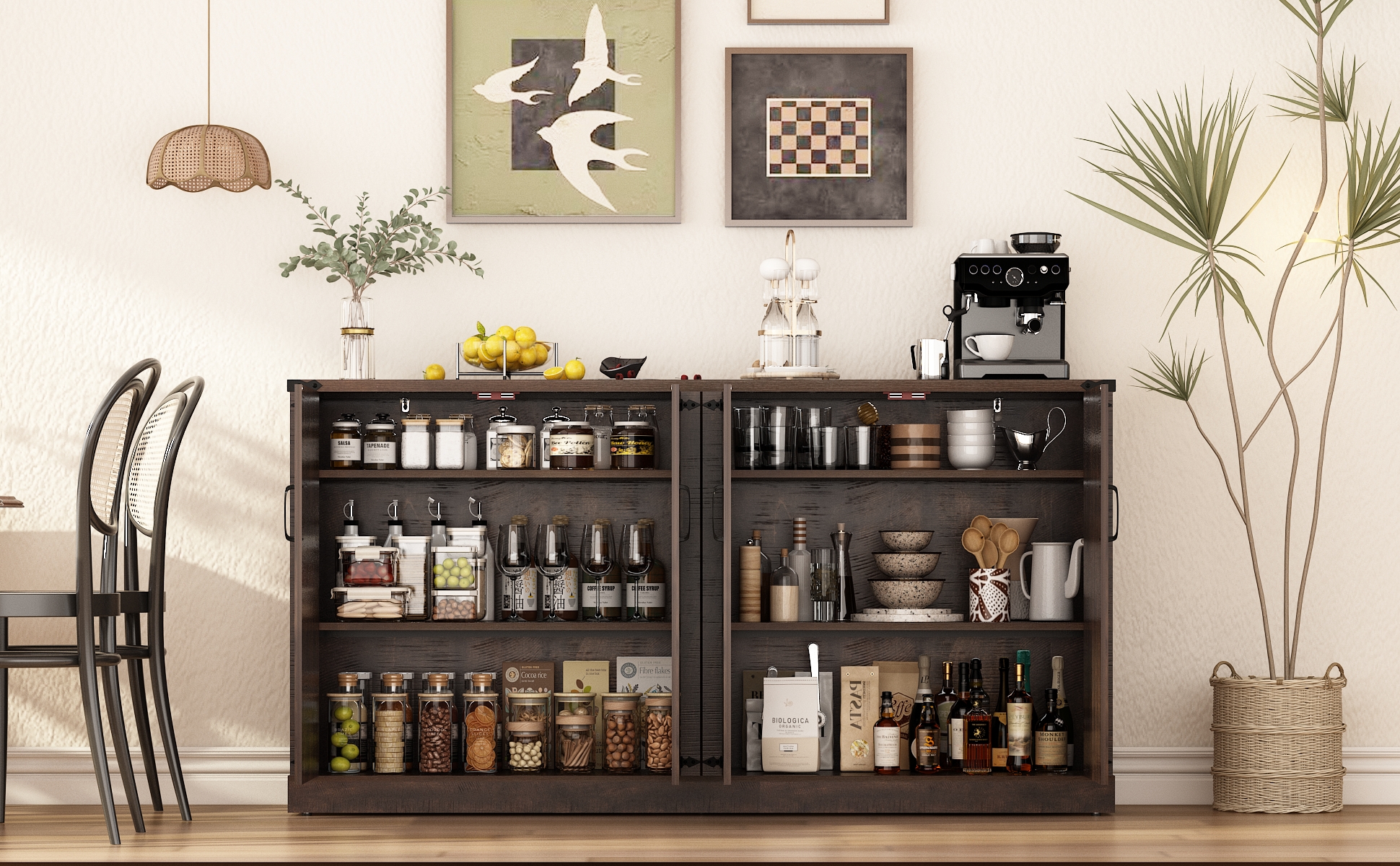 71" Tall Farmhouse Kitchen Pantry Cabinet, 5 Layers Storage Cabinet with Adjustable Shelves, Farmhouse Pantry Cabinet with 4 Barn Doors for Kitchen, Dining Room, Bathroom, Living Room, Rustic White