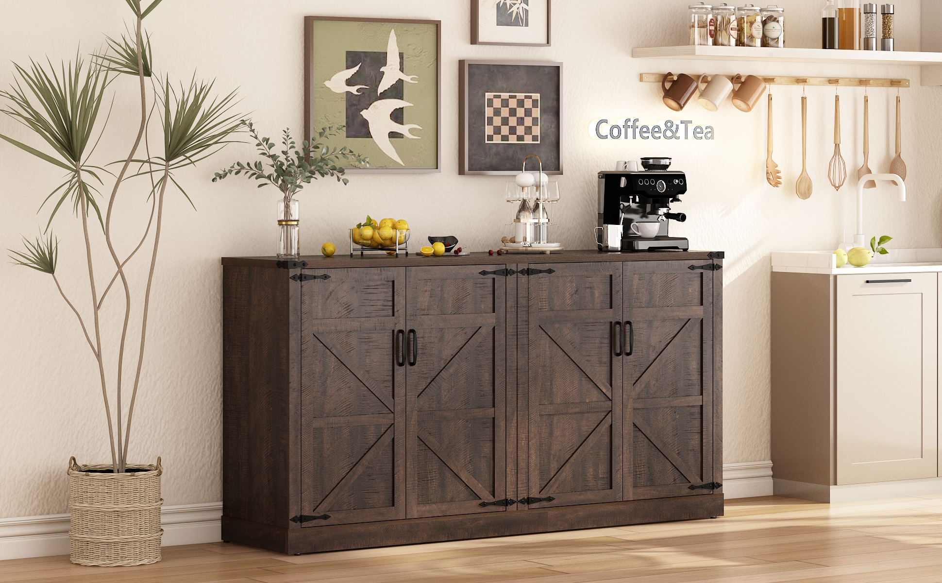 71" Tall Farmhouse Kitchen Pantry Cabinet, 5 Layers Storage Cabinet with Adjustable Shelves, Farmhouse Pantry Cabinet with 4 Barn Doors for Kitchen, Dining Room, Bathroom, Living Room, Rustic White