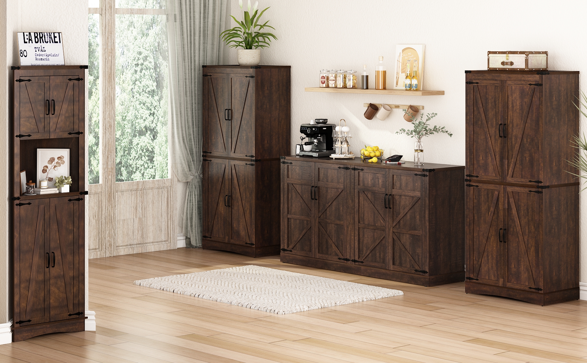 71" Tall Farmhouse Kitchen Pantry Cabinet, 5 Layers Storage Cabinet with Adjustable Shelves, Farmhouse Pantry Cabinet with 4 Barn Doors for Kitchen, Dining Room, Bathroom, Living Room, Rustic White