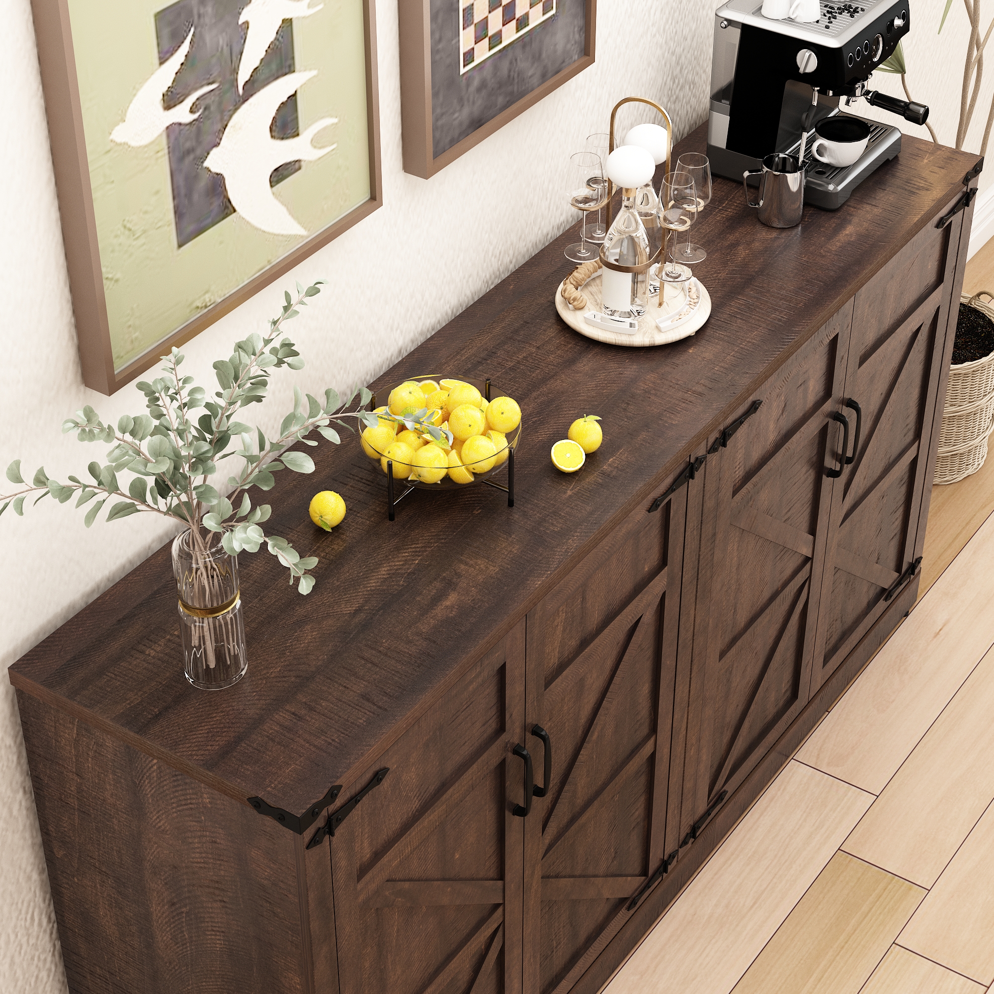 71" Tall Farmhouse Kitchen Pantry Cabinet, 5 Layers Storage Cabinet with Adjustable Shelves, Farmhouse Pantry Cabinet with 4 Barn Doors for Kitchen, Dining Room, Bathroom, Living Room, Rustic White