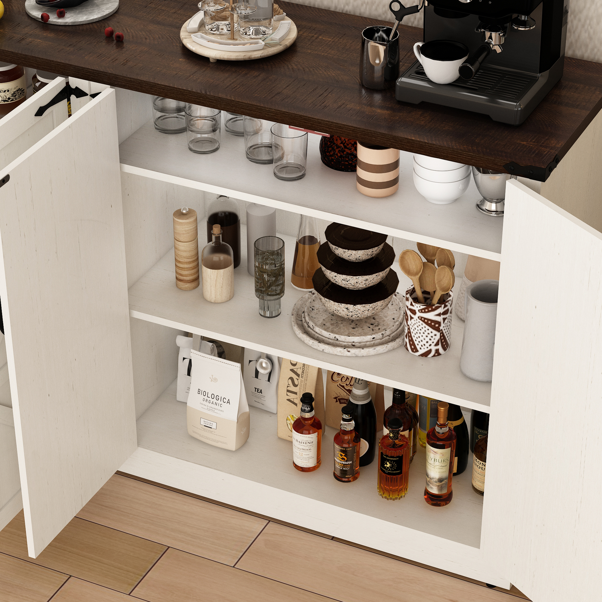 71" Tall Farmhouse Kitchen Pantry Cabinet, 5 Layers Storage Cabinet with Adjustable Shelves, Farmhouse Pantry Cabinet with 4 Barn Doors for Kitchen, Dining Room, Bathroom, Living Room, Rustic White