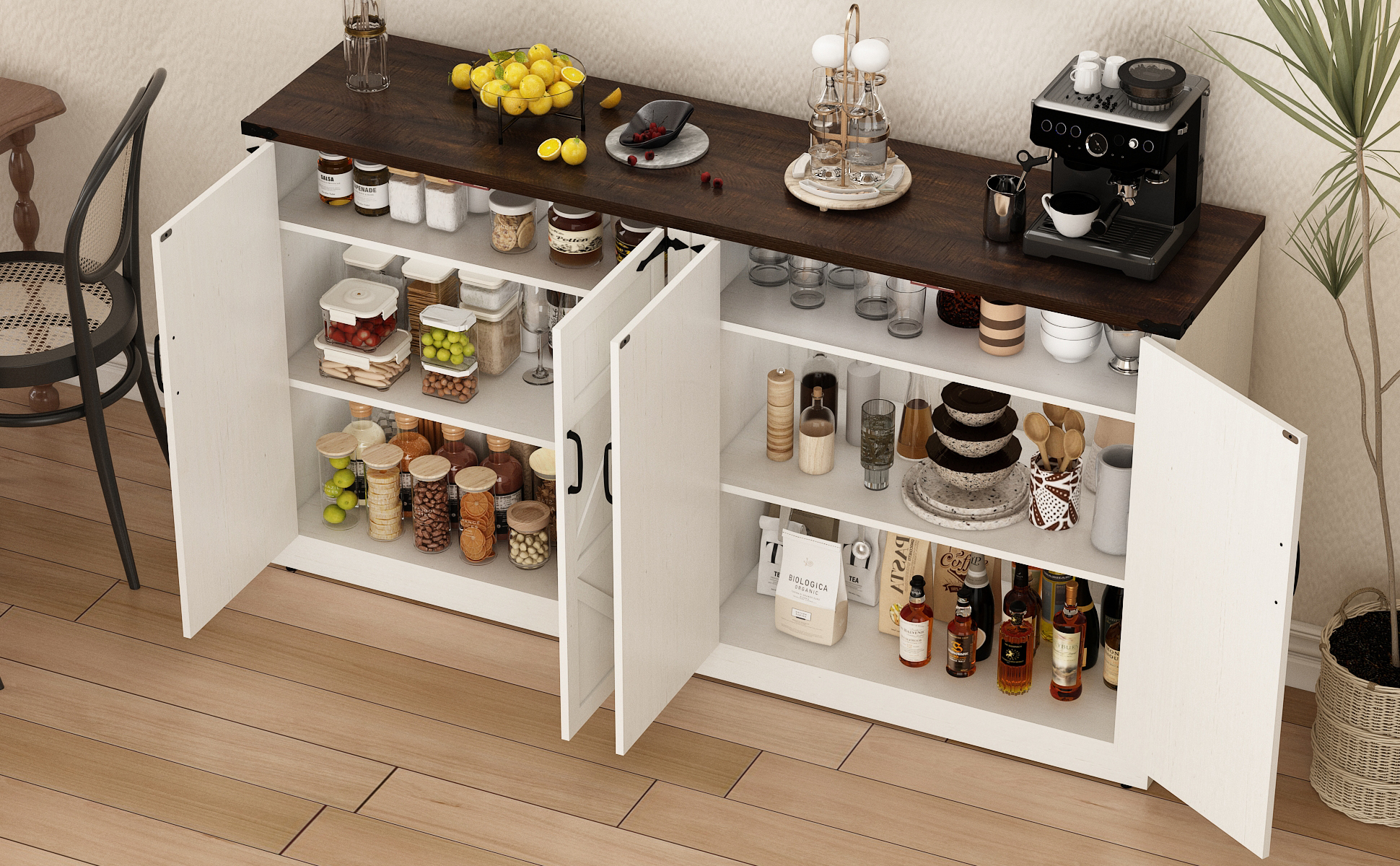 71" Tall Farmhouse Kitchen Pantry Cabinet, 5 Layers Storage Cabinet with Adjustable Shelves, Farmhouse Pantry Cabinet with 4 Barn Doors for Kitchen, Dining Room, Bathroom, Living Room, Rustic White