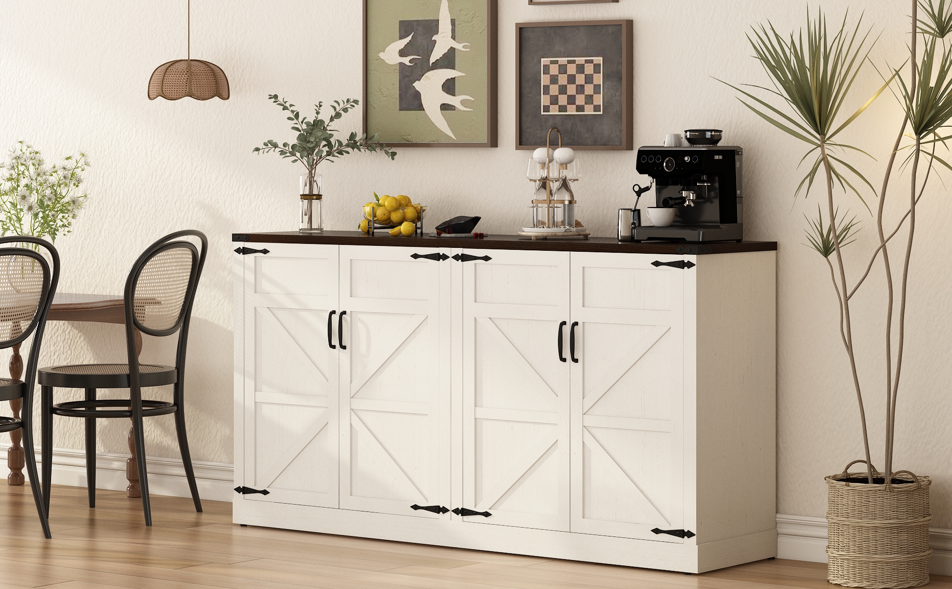 71" Tall Farmhouse Kitchen Pantry Cabinet, 5 Layers Storage Cabinet with Adjustable Shelves, Farmhouse Pantry Cabinet with 4 Barn Doors for Kitchen, Dining Room, Bathroom, Living Room, Rustic White