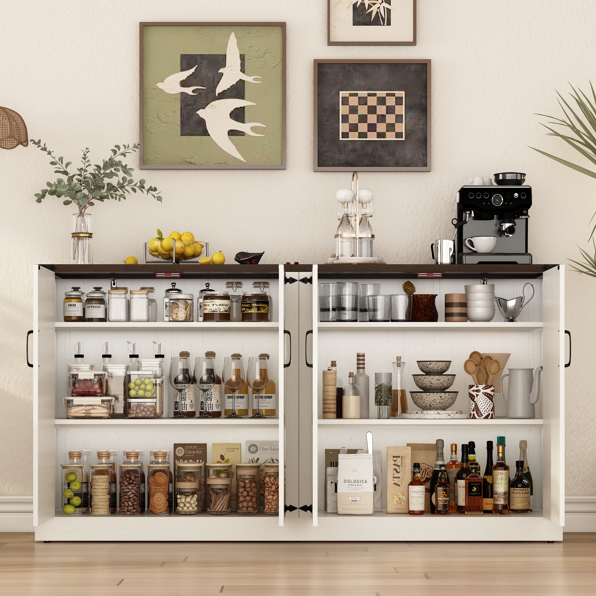 71" Tall Farmhouse Kitchen Pantry Cabinet, 5 Layers Storage Cabinet with Adjustable Shelves, Farmhouse Pantry Cabinet with 4 Barn Doors for Kitchen, Dining Room, Bathroom, Living Room, Rustic White