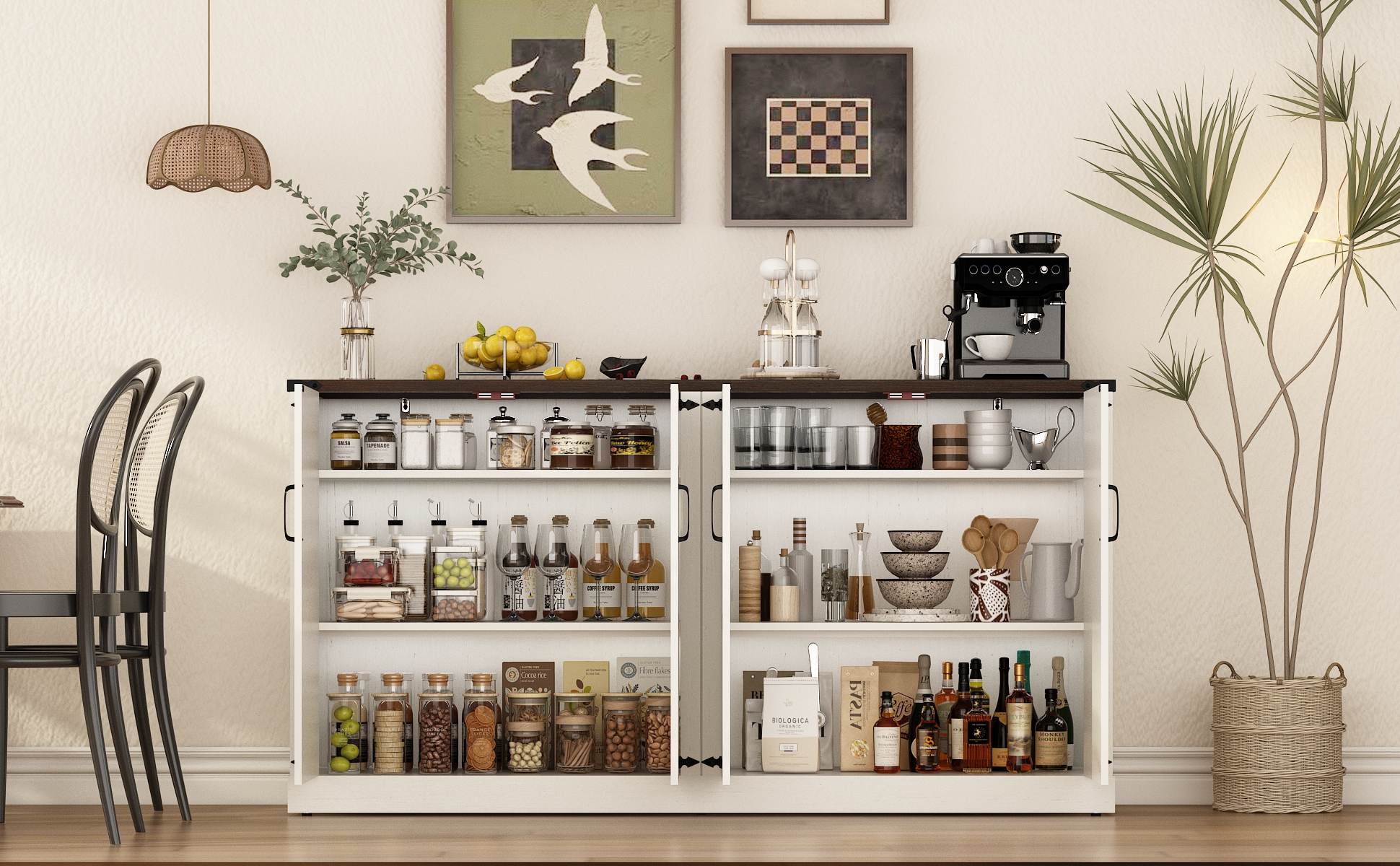 71" Tall Farmhouse Kitchen Pantry Cabinet, 5 Layers Storage Cabinet with Adjustable Shelves, Farmhouse Pantry Cabinet with 4 Barn Doors for Kitchen, Dining Room, Bathroom, Living Room, Rustic White