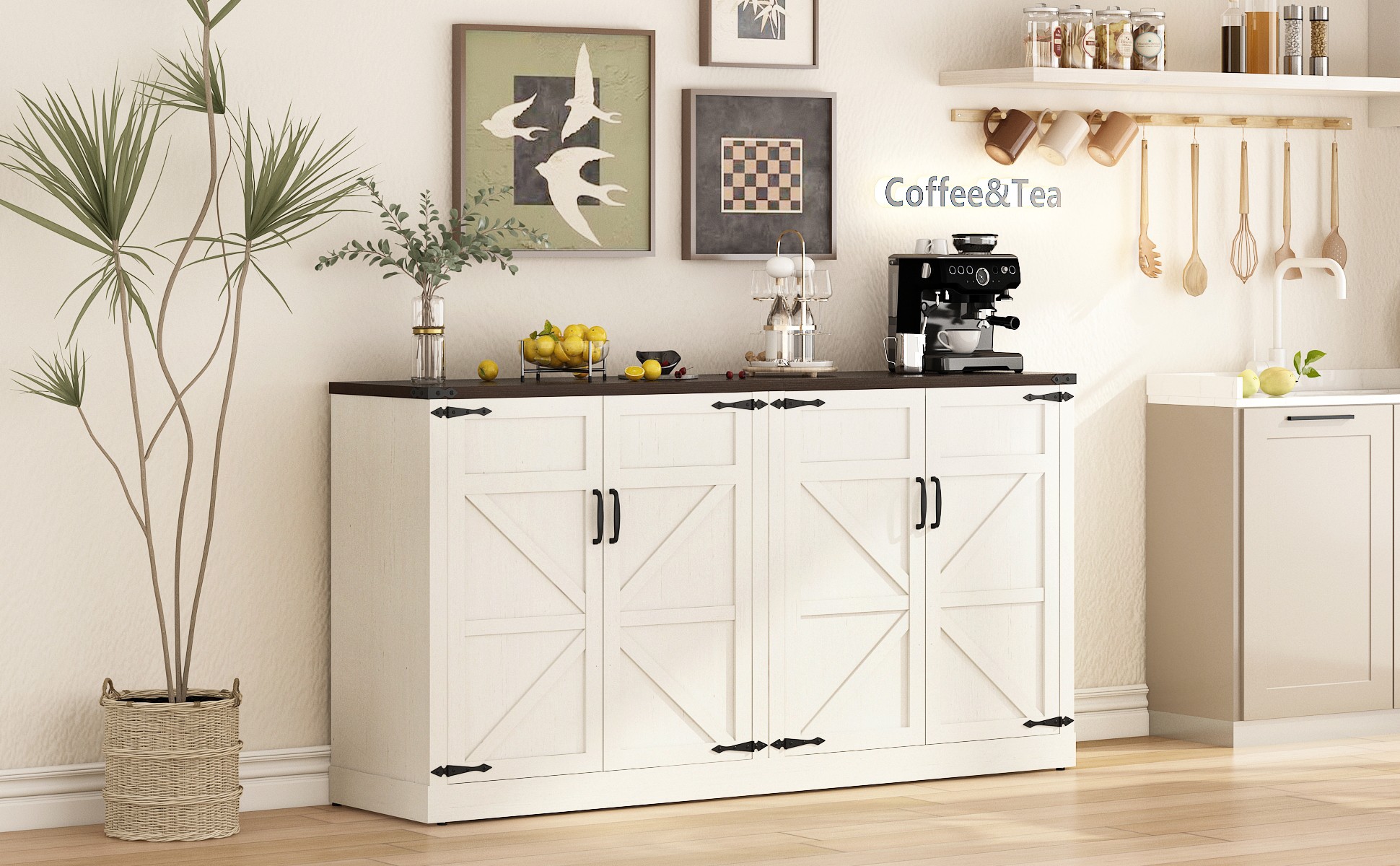 71" Tall Farmhouse Kitchen Pantry Cabinet, 5 Layers Storage Cabinet with Adjustable Shelves, Farmhouse Pantry Cabinet with 4 Barn Doors for Kitchen, Dining Room, Bathroom, Living Room, Rustic White