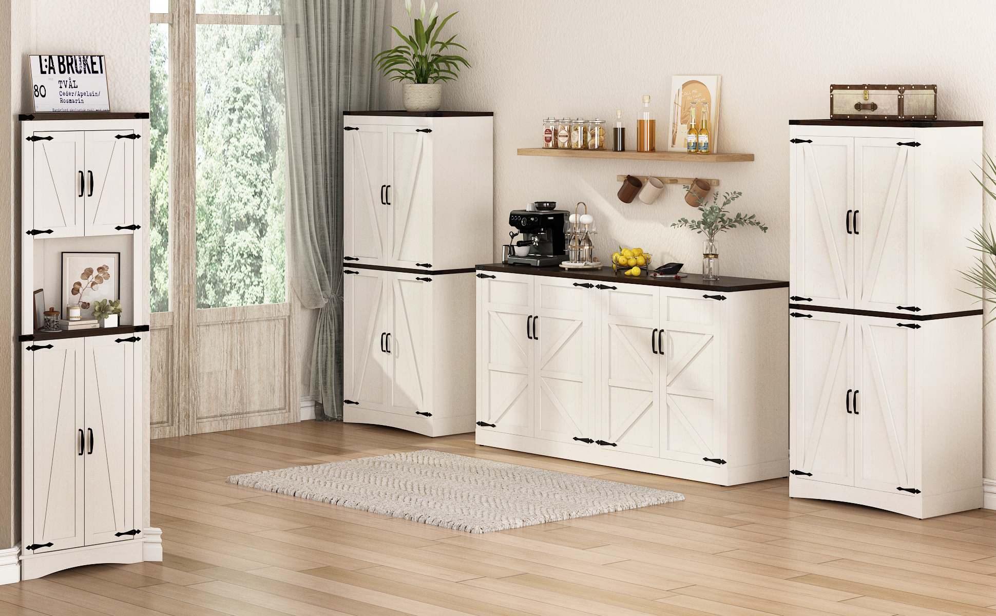 71" Tall Farmhouse Kitchen Pantry Cabinet, 5 Layers Storage Cabinet with Adjustable Shelves, Farmhouse Pantry Cabinet with 4 Barn Doors for Kitchen, Dining Room, Bathroom, Living Room, Rustic White