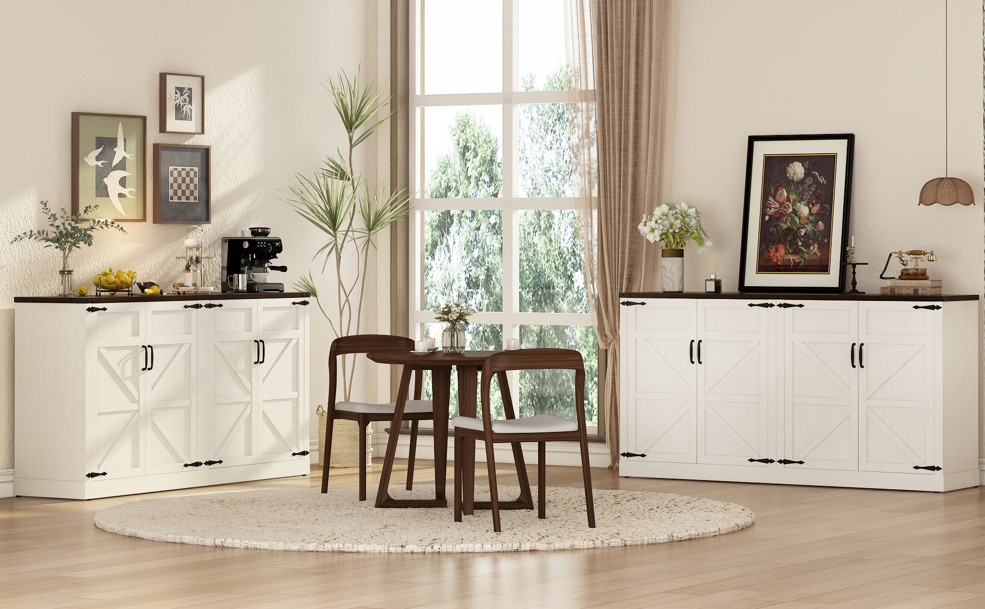 71" Tall Farmhouse Kitchen Pantry Cabinet, 5 Layers Storage Cabinet with Adjustable Shelves, Farmhouse Pantry Cabinet with 4 Barn Doors for Kitchen, Dining Room, Bathroom, Living Room, Rustic White