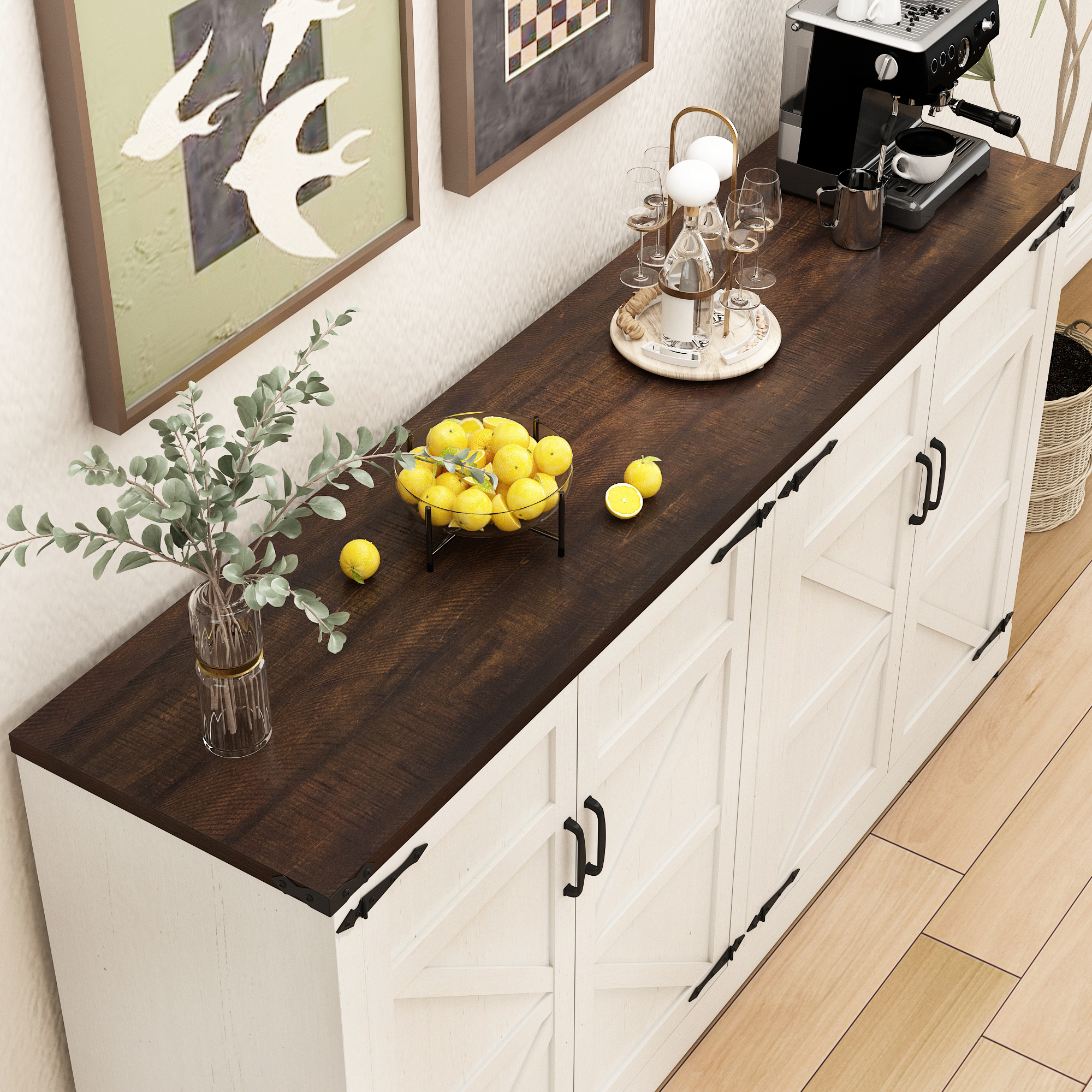 71" Tall Farmhouse Kitchen Pantry Cabinet, 5 Layers Storage Cabinet with Adjustable Shelves, Farmhouse Pantry Cabinet with 4 Barn Doors for Kitchen, Dining Room, Bathroom, Living Room, Rustic White