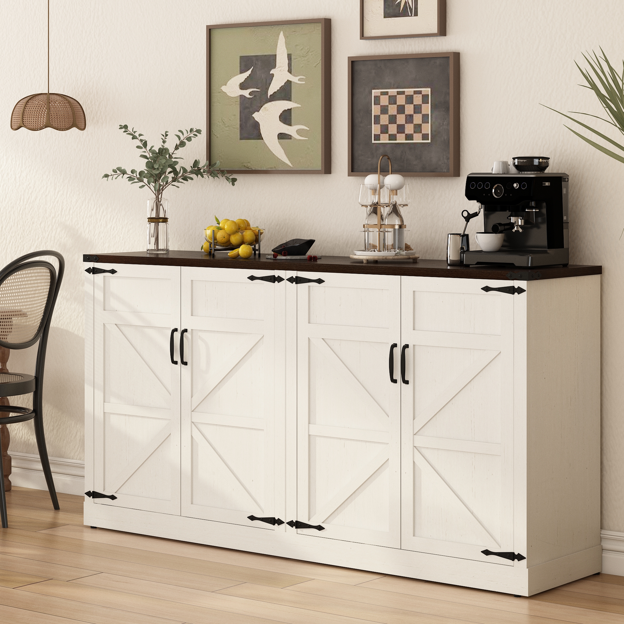 71" Tall Farmhouse Kitchen Pantry Cabinet, 5 Layers Storage Cabinet with Adjustable Shelves, Farmhouse Pantry Cabinet with 4 Barn Doors for Kitchen, Dining Room, Bathroom, Living Room, Rustic White