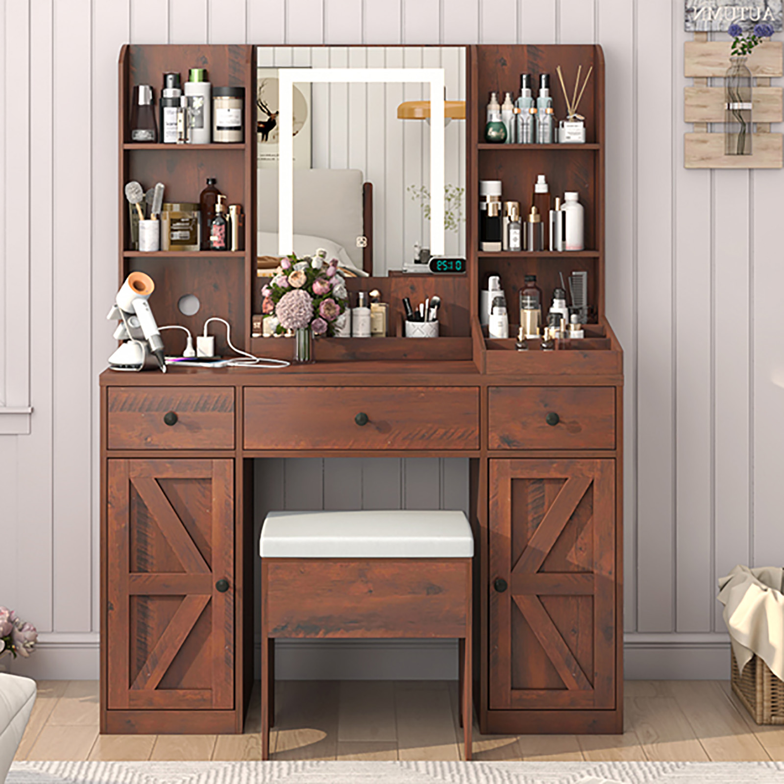 Farmhouse Makeup Vanity Desk with LED Light Mirror and Charging Station, 43" Vanity Set