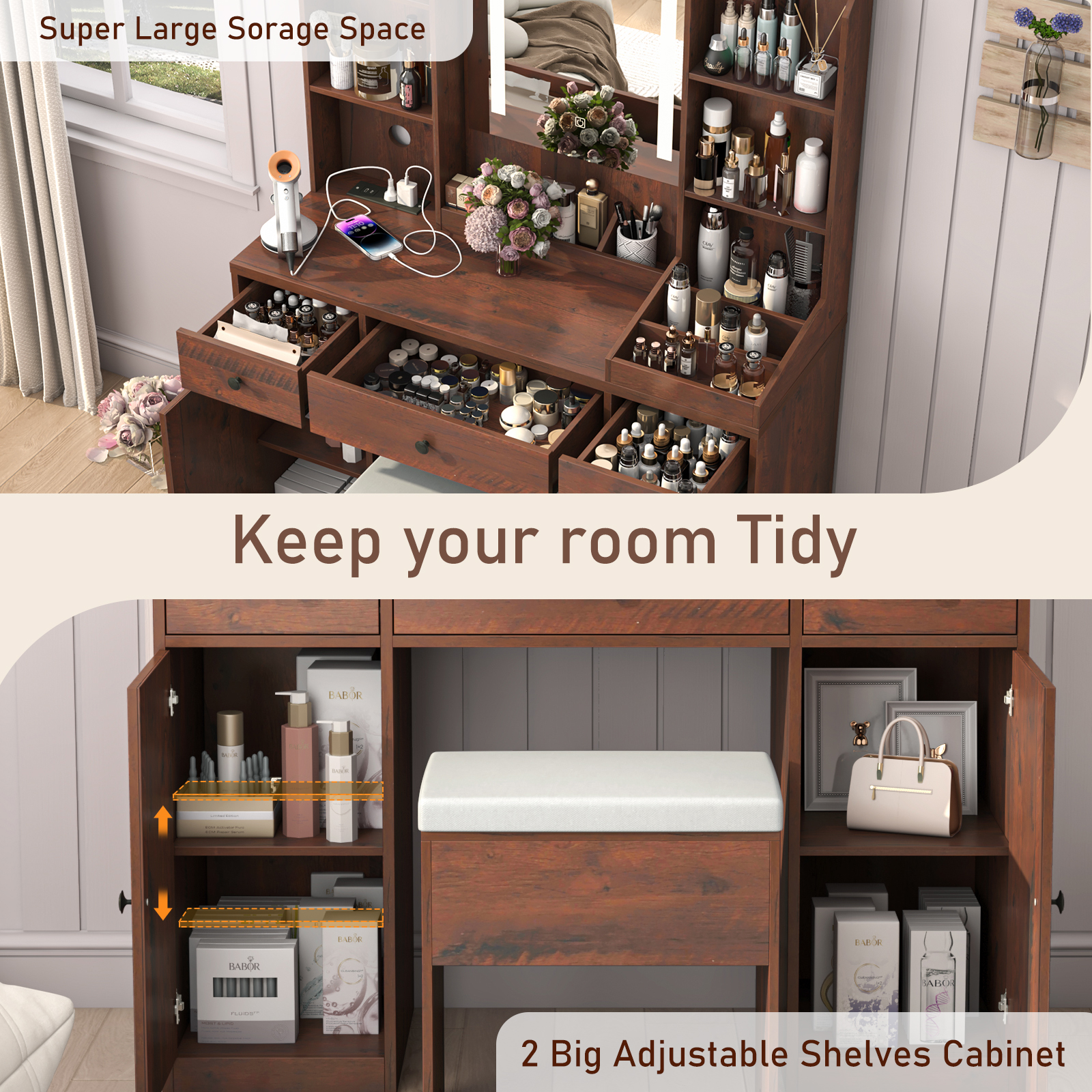 Farmhouse Makeup Vanity Desk with LED Light Mirror and Charging Station, 43" Vanity Set