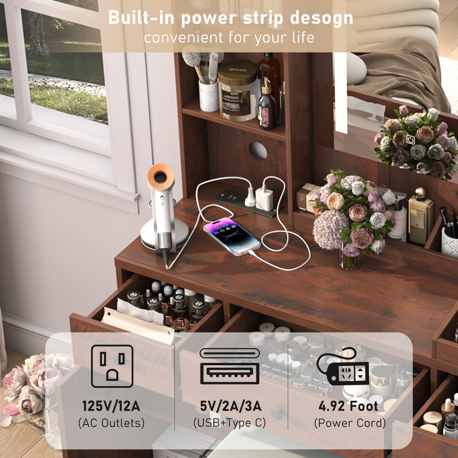 Farmhouse Makeup Vanity Desk with LED Light Mirror and Charging Station, 43" Vanity Set