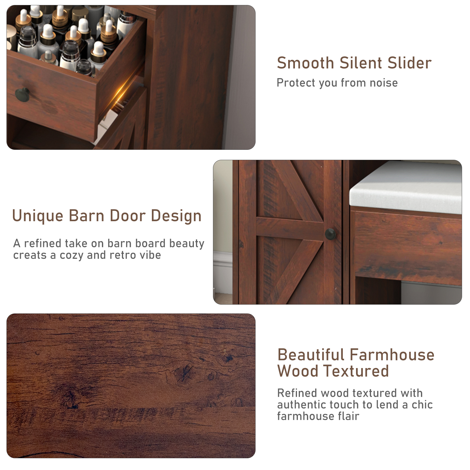 Farmhouse Makeup Vanity Desk with LED Light Mirror and Charging Station, 43" Vanity Set