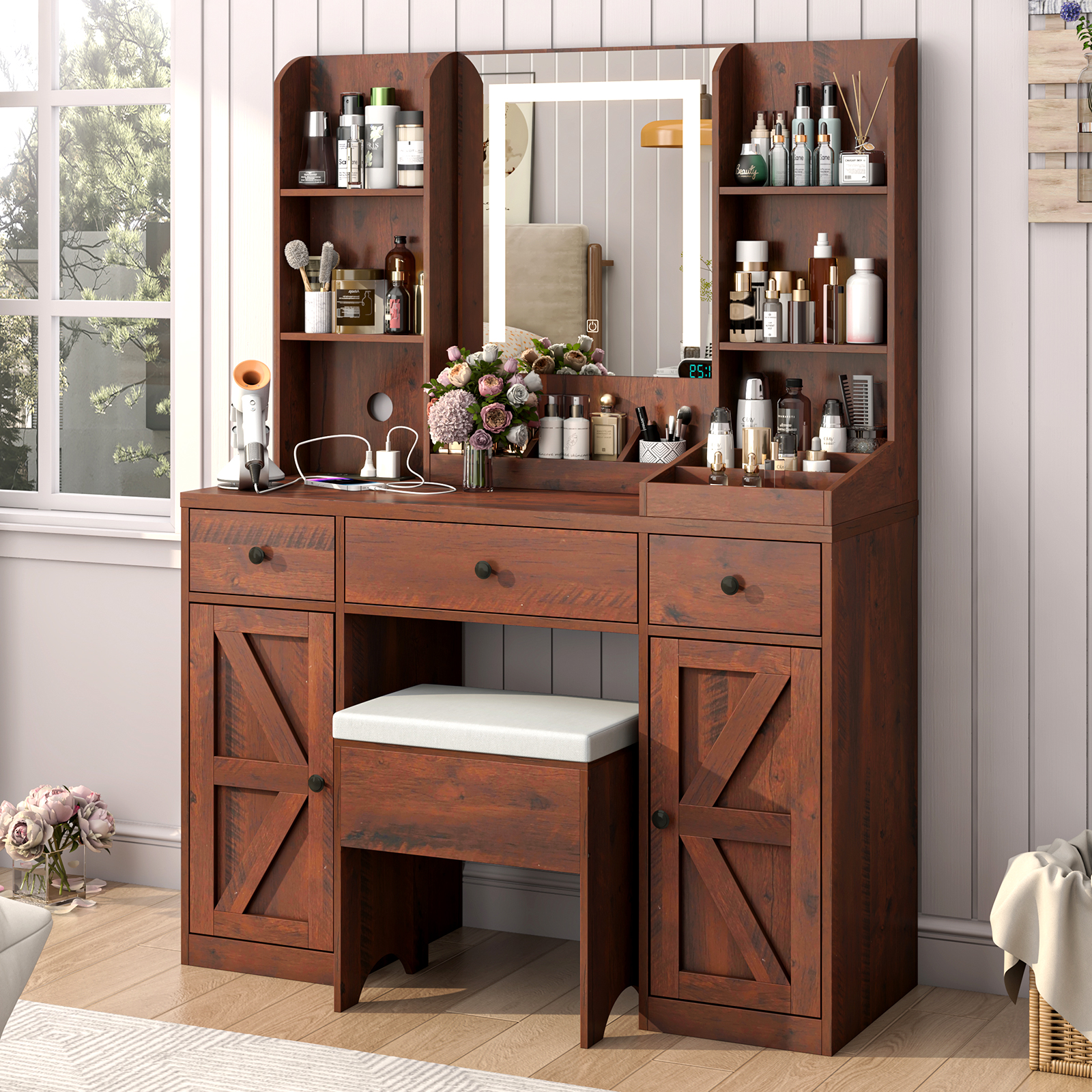 Farmhouse Makeup Vanity Desk with LED Light Mirror and Charging Station, 43" Vanity Set