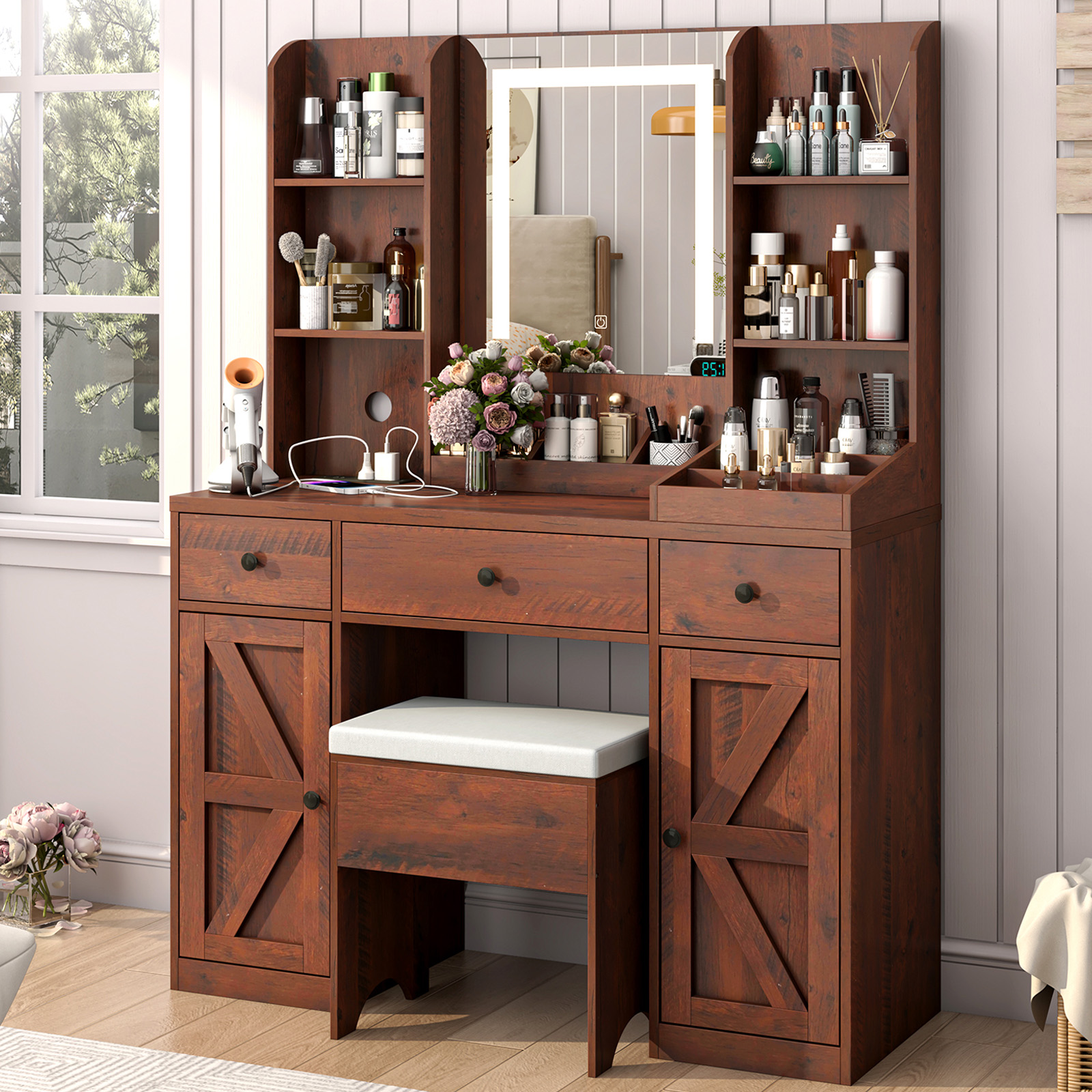 Farmhouse Makeup Vanity Desk with LED Light Mirror and Charging Station, 43" Vanity Set