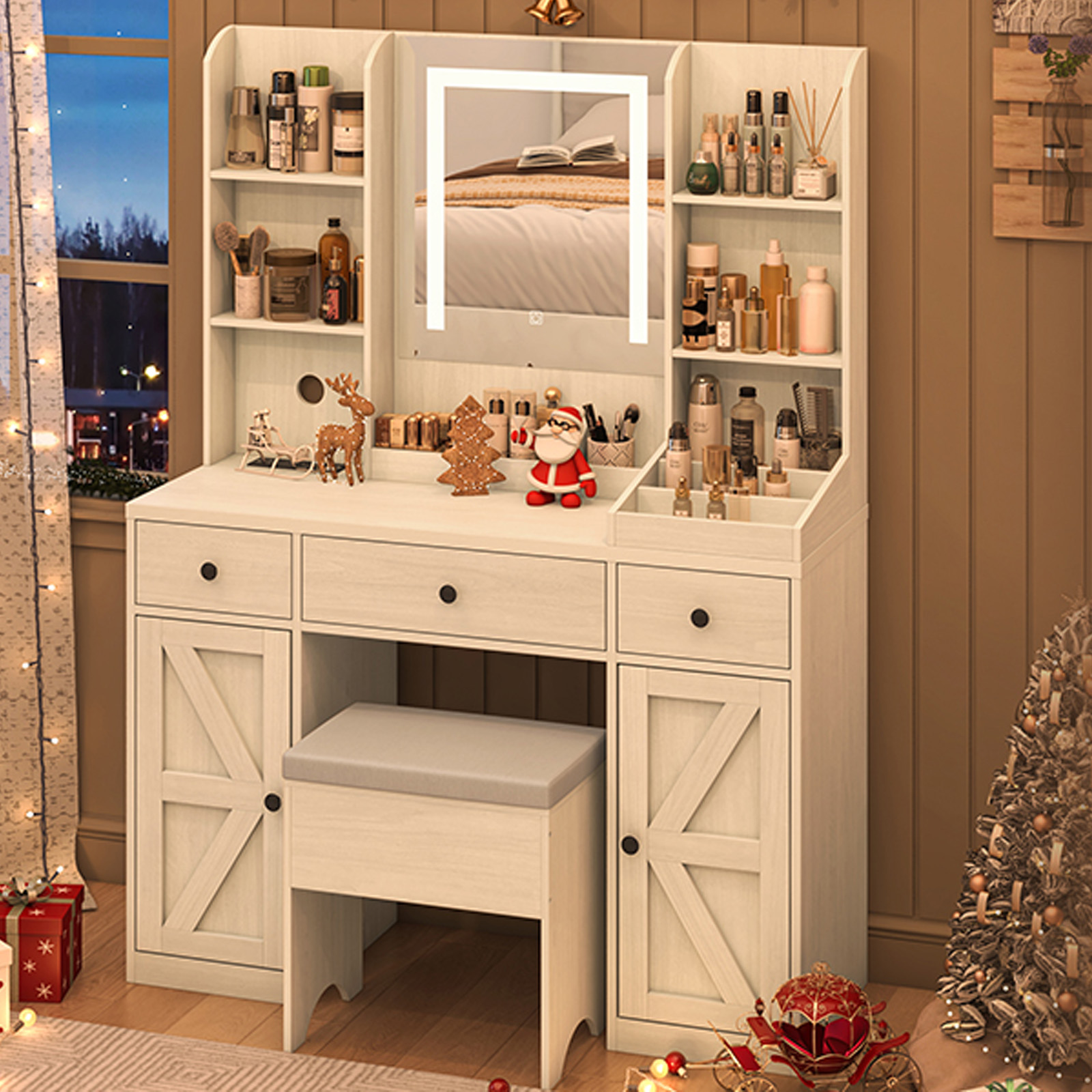 Farmhouse Makeup Vanity Desk with LED Light Mirror and Charging Station, 43" Vanity Set