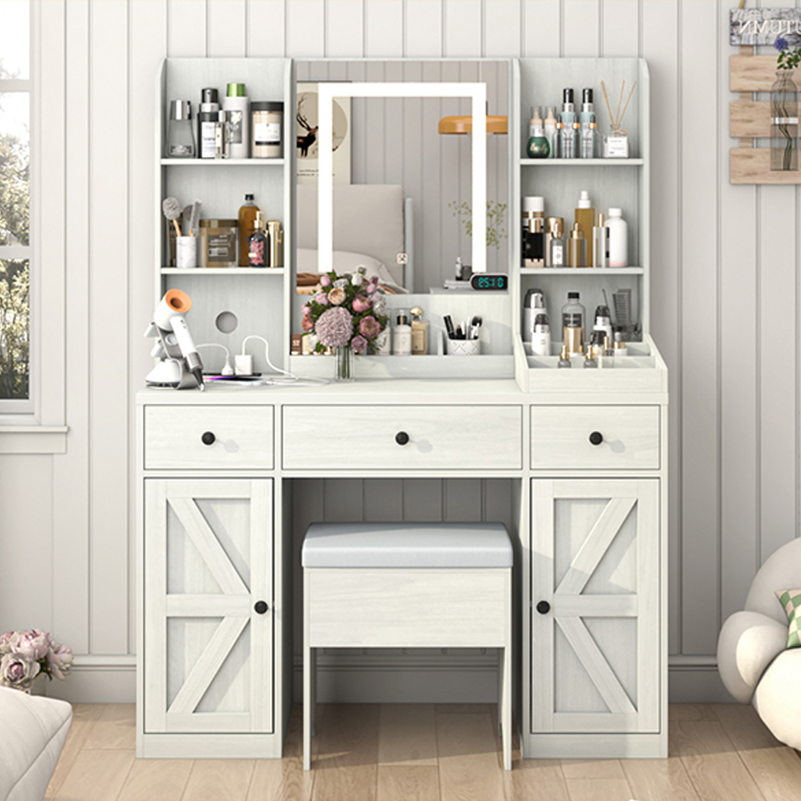 Farmhouse Makeup Vanity Desk with LED Light Mirror and Charging Station, 43" Vanity Set