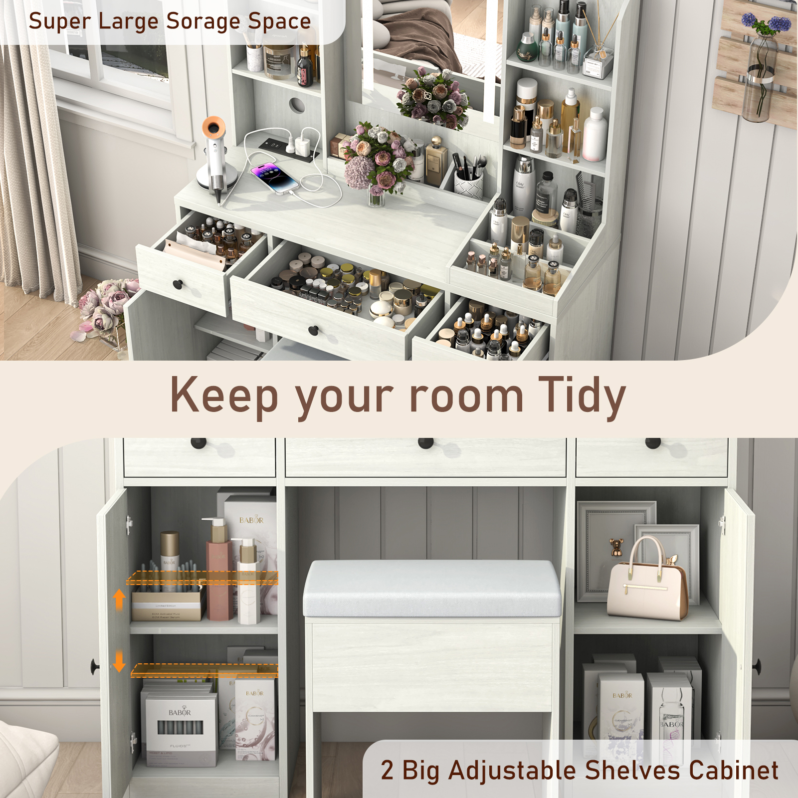 Farmhouse Makeup Vanity Desk with LED Light Mirror and Charging Station, 43" Vanity Set