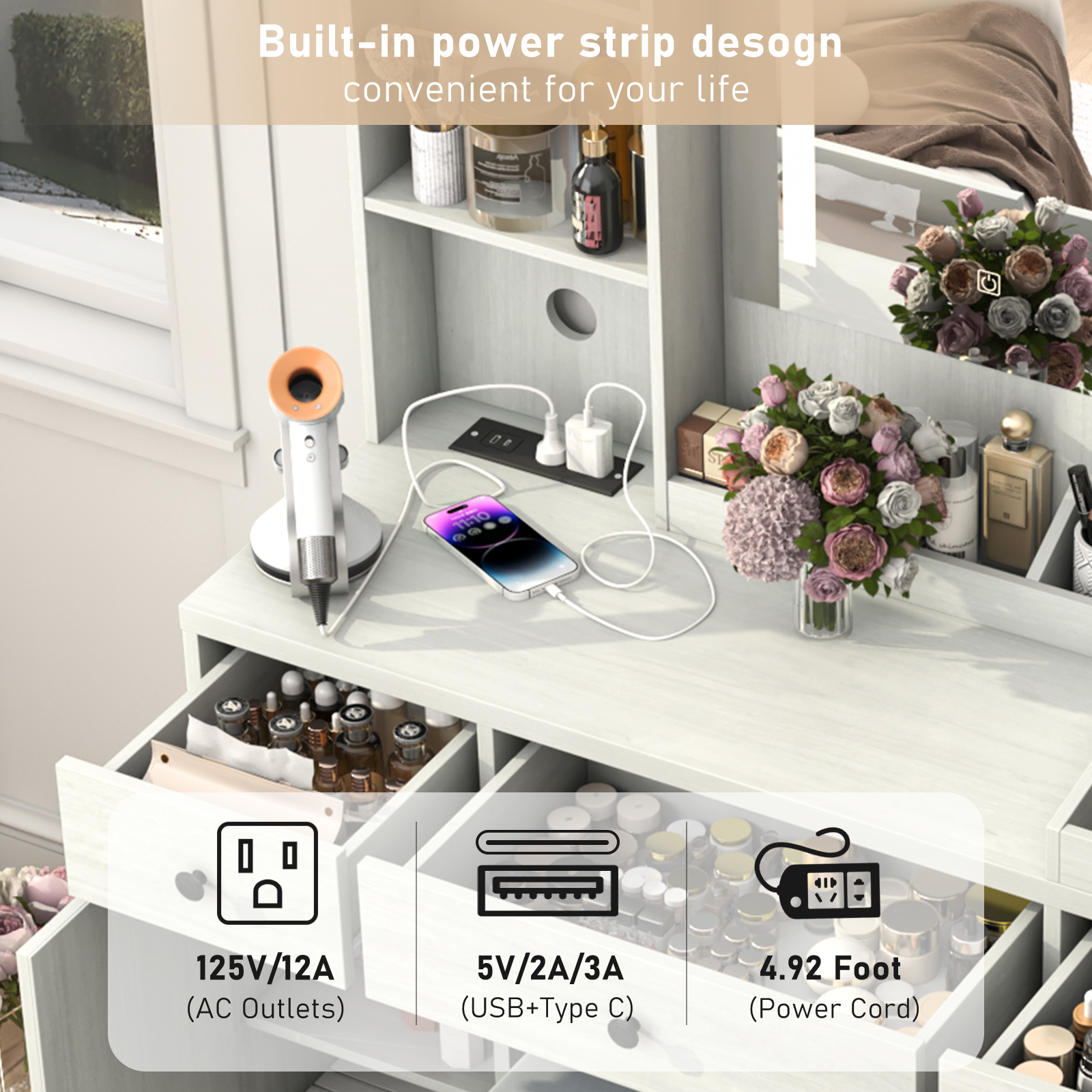 Farmhouse Makeup Vanity Desk with LED Light Mirror and Charging Station, 43" Vanity Set