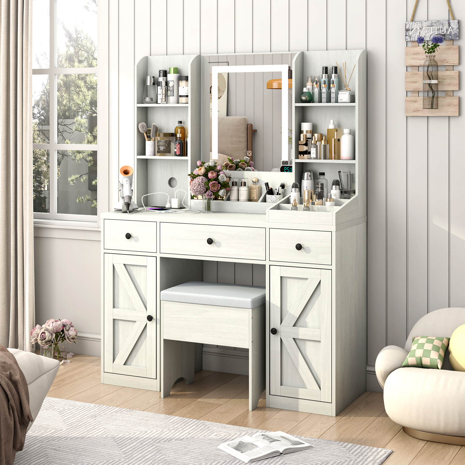 Farmhouse Makeup Vanity Desk with LED Light Mirror and Charging Station, 43" Vanity Set