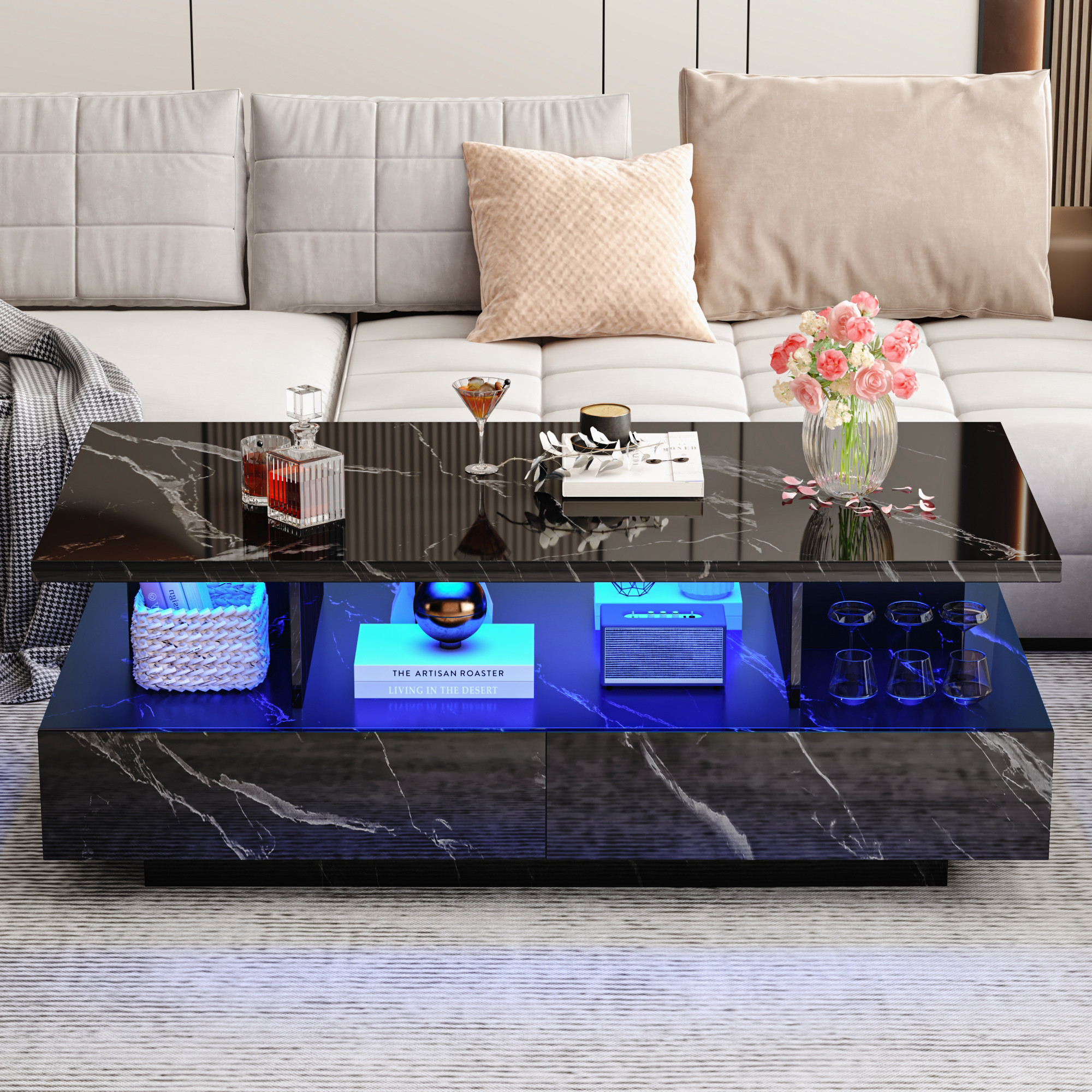 Modern LED Coffee Table with Storage, High Gloss Coffee Tables Rectangular Center Table with Open Display Shelf & 2 Sliding Drawers