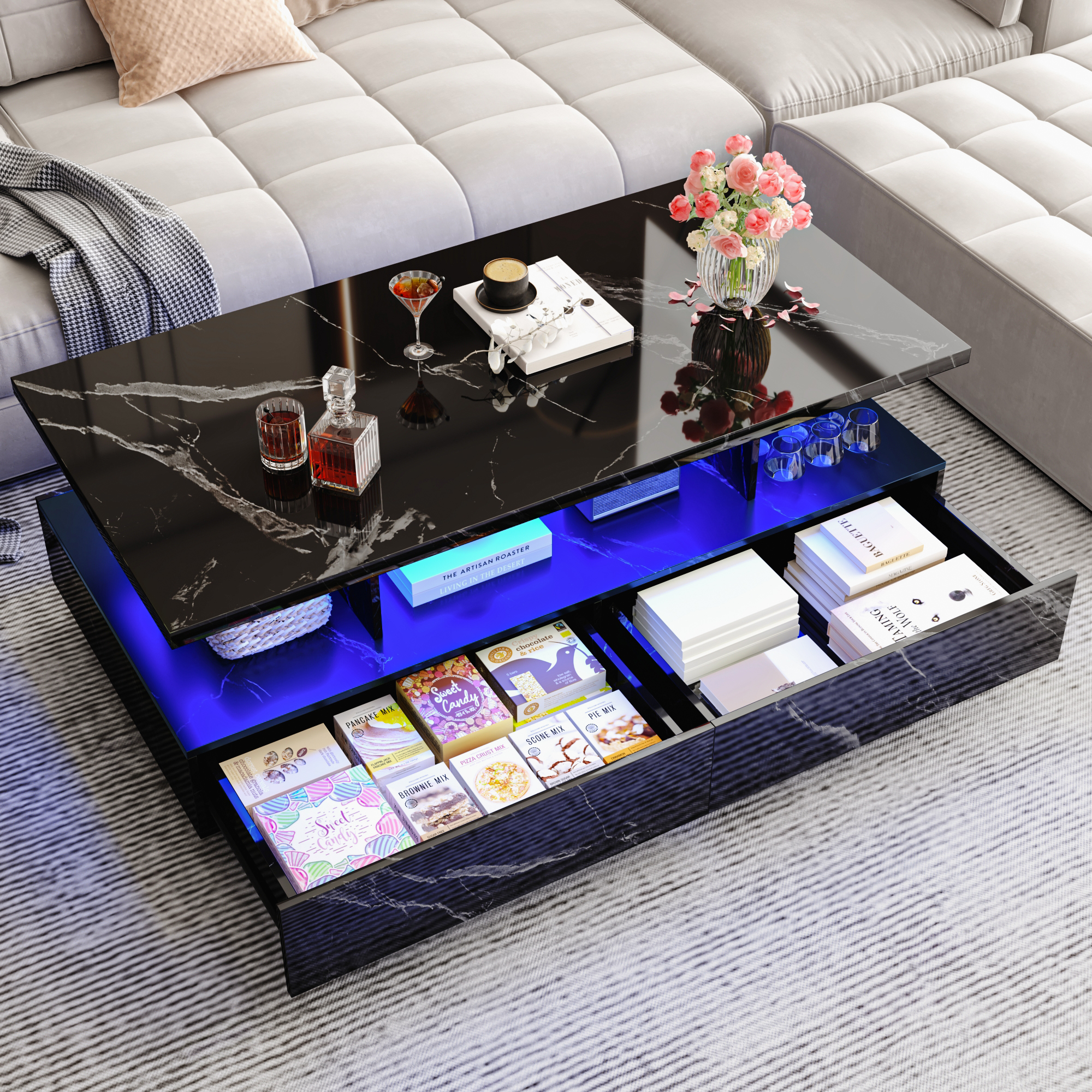 Modern LED Coffee Table with Storage, High Gloss Coffee Tables Rectangular Center Table with Open Display Shelf & 2 Sliding Drawers