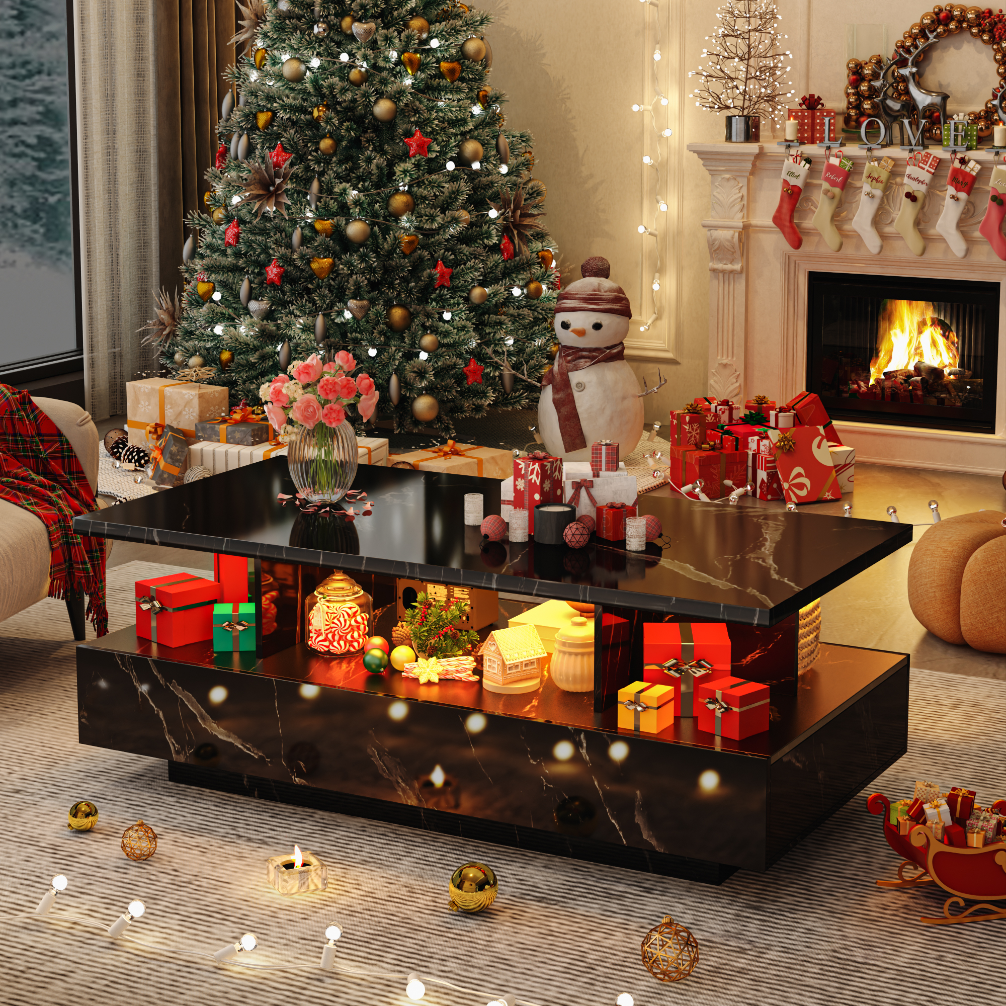 Modern LED Coffee Table with Storage, High Gloss Coffee Tables Rectangular Center Table with Open Display Shelf & 2 Sliding Drawers