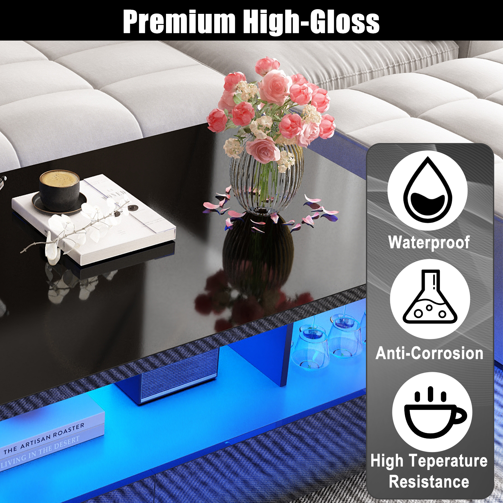 Modern LED Coffee Table with Storage, High Gloss Coffee Tables Rectangular Center Table with Open Display Shelf & 2 Sliding Drawers