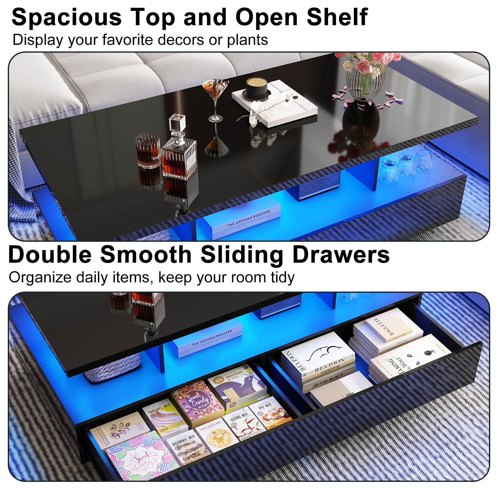 Modern LED Coffee Table with Storage, High Gloss Coffee Tables Rectangular Center Table with Open Display Shelf & 2 Sliding Drawers