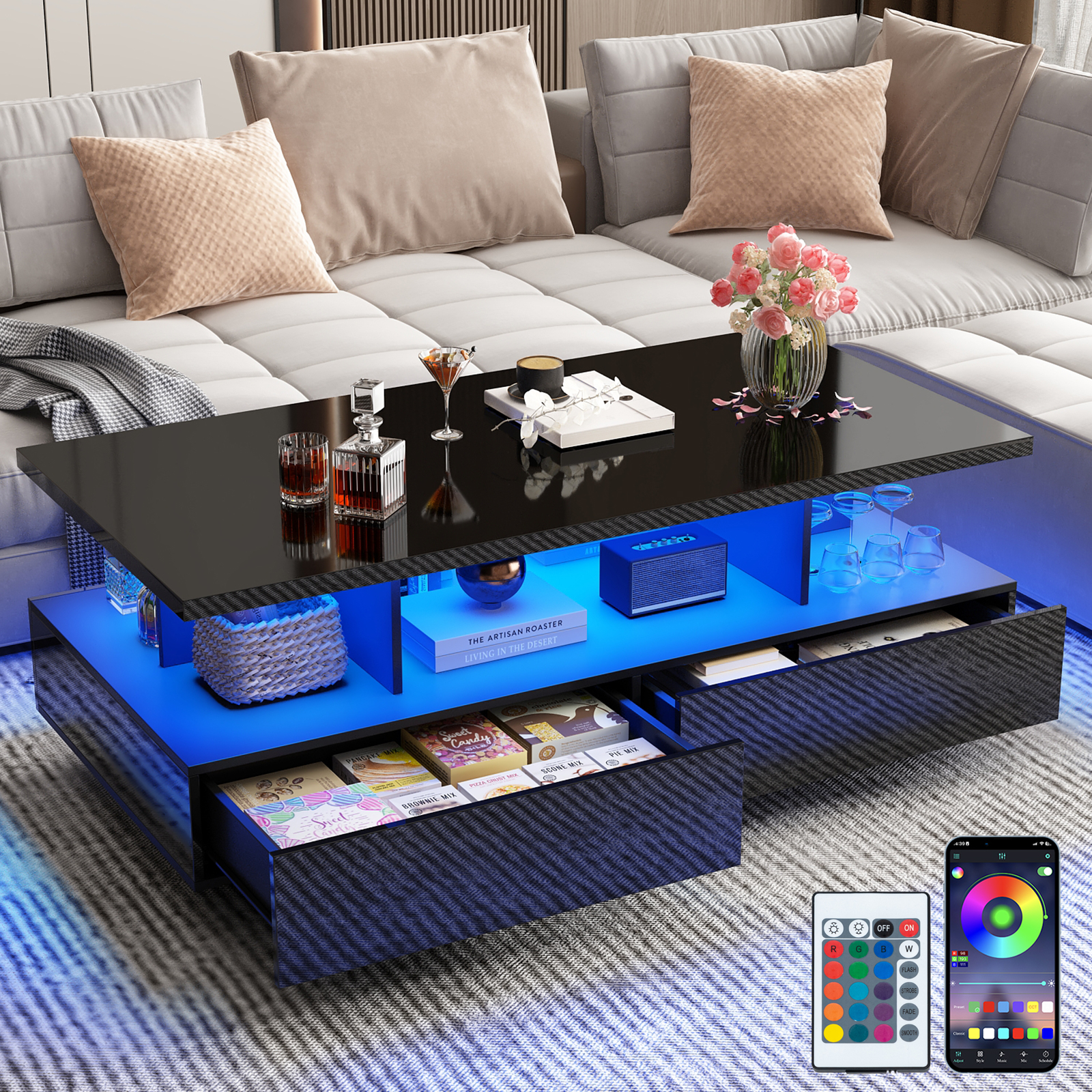 Modern LED Coffee Table with Storage, High Gloss Coffee Tables Rectangular Center Table with Open Display Shelf & 2 Sliding Drawers