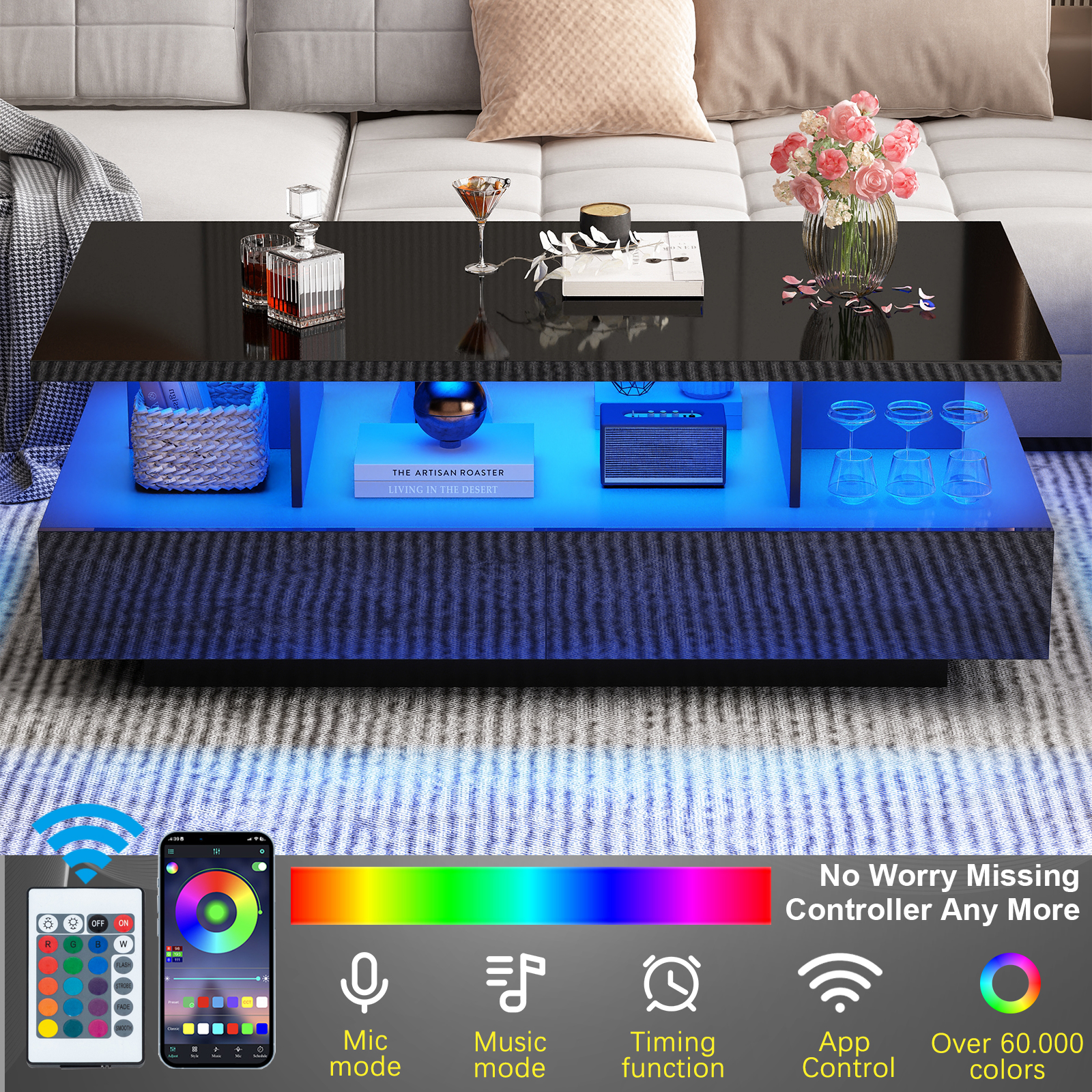 Modern LED Coffee Table with Storage, High Gloss Coffee Tables Rectangular Center Table with Open Display Shelf & 2 Sliding Drawers