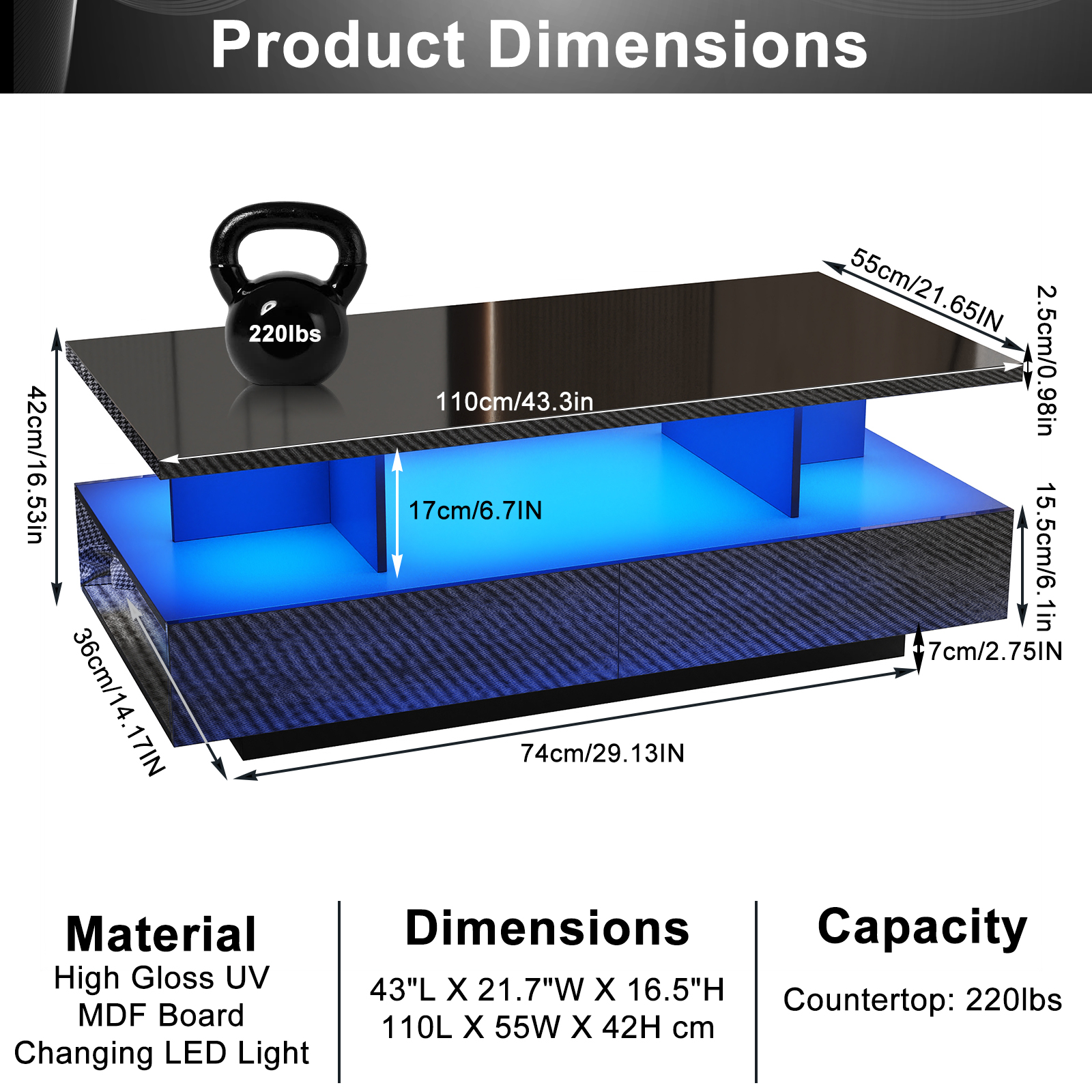 Modern LED Coffee Table with Storage, High Gloss Coffee Tables Rectangular Center Table with Open Display Shelf & 2 Sliding Drawers