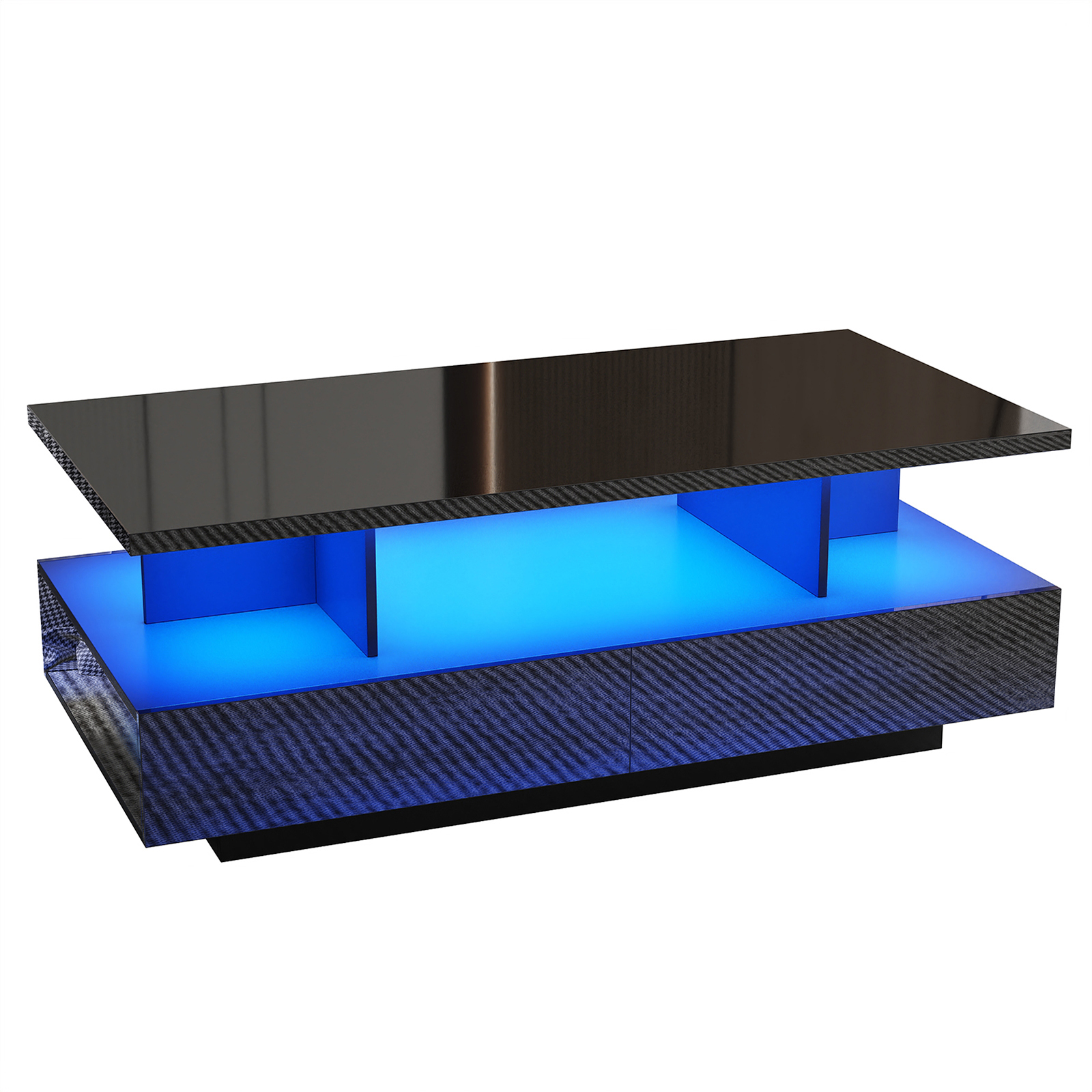 Modern LED Coffee Table with Storage, High Gloss Coffee Tables Rectangular Center Table with Open Display Shelf & 2 Sliding Drawers