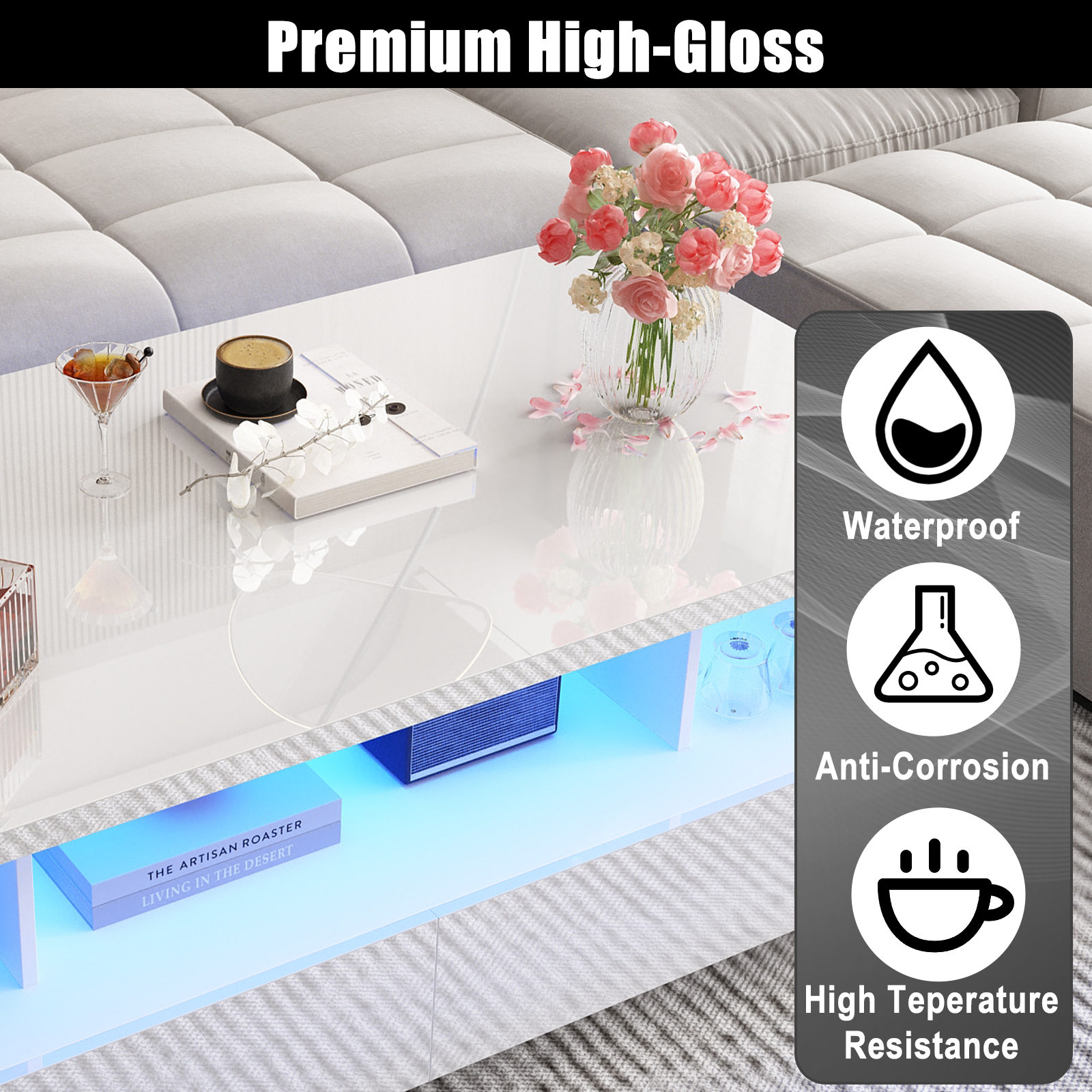 Modern LED Coffee Table with Storage, High Gloss Coffee Tables Rectangular Center Table with Open Display Shelf & 2 Sliding Drawers