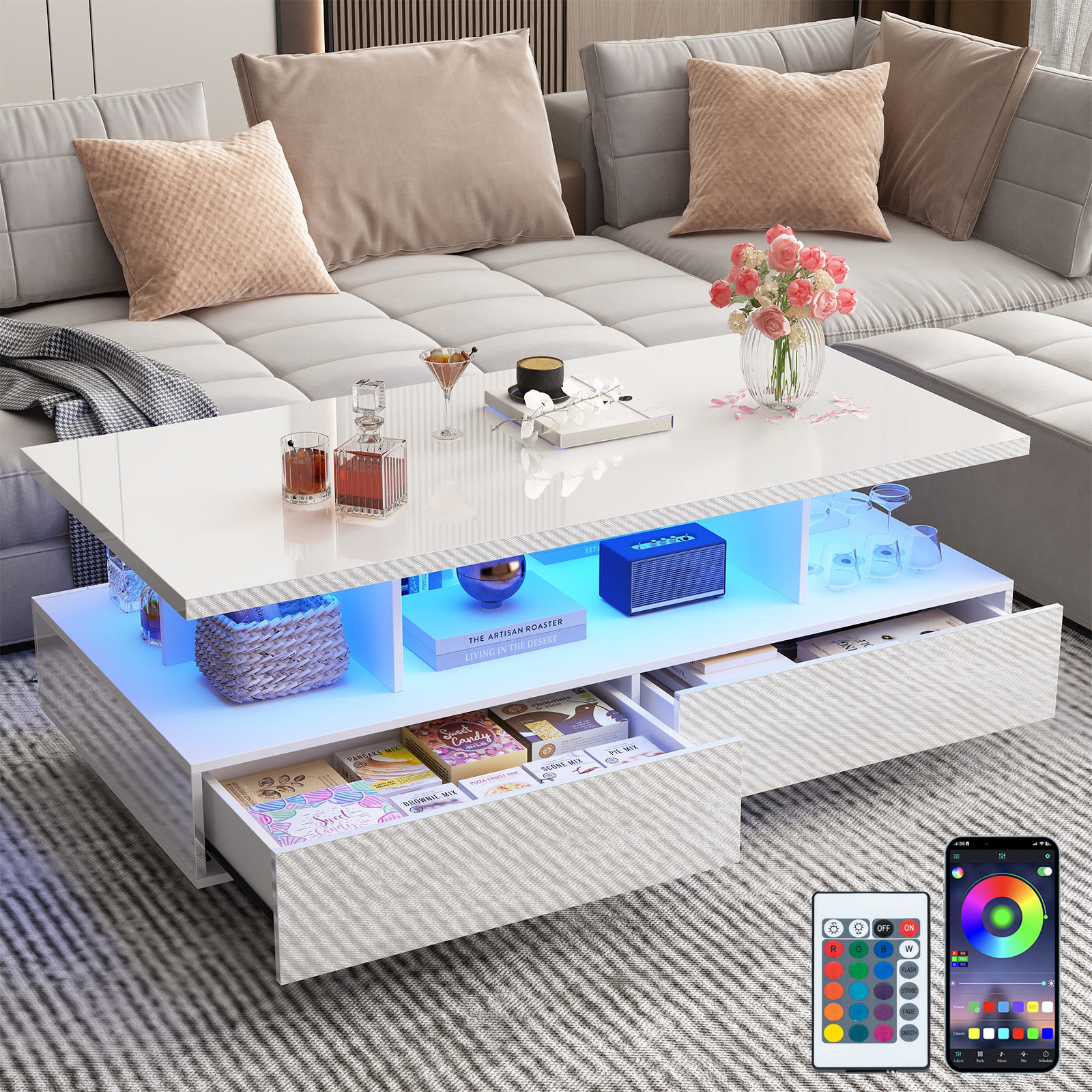 Modern LED Coffee Table with Storage, High Gloss Coffee Tables Rectangular Center Table with Open Display Shelf & 2 Sliding Drawers