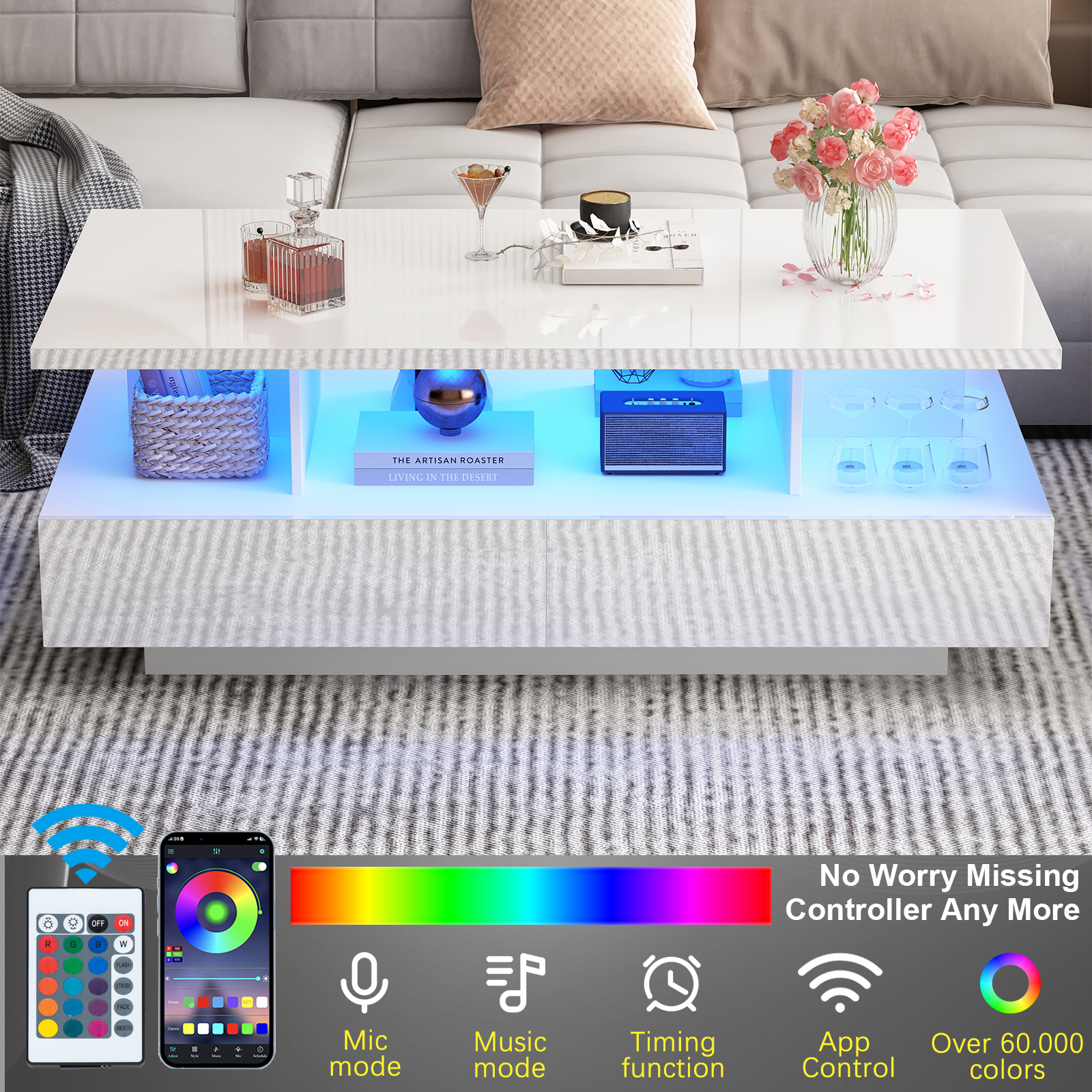 Modern LED Coffee Table with Storage, High Gloss Coffee Tables Rectangular Center Table with Open Display Shelf & 2 Sliding Drawers