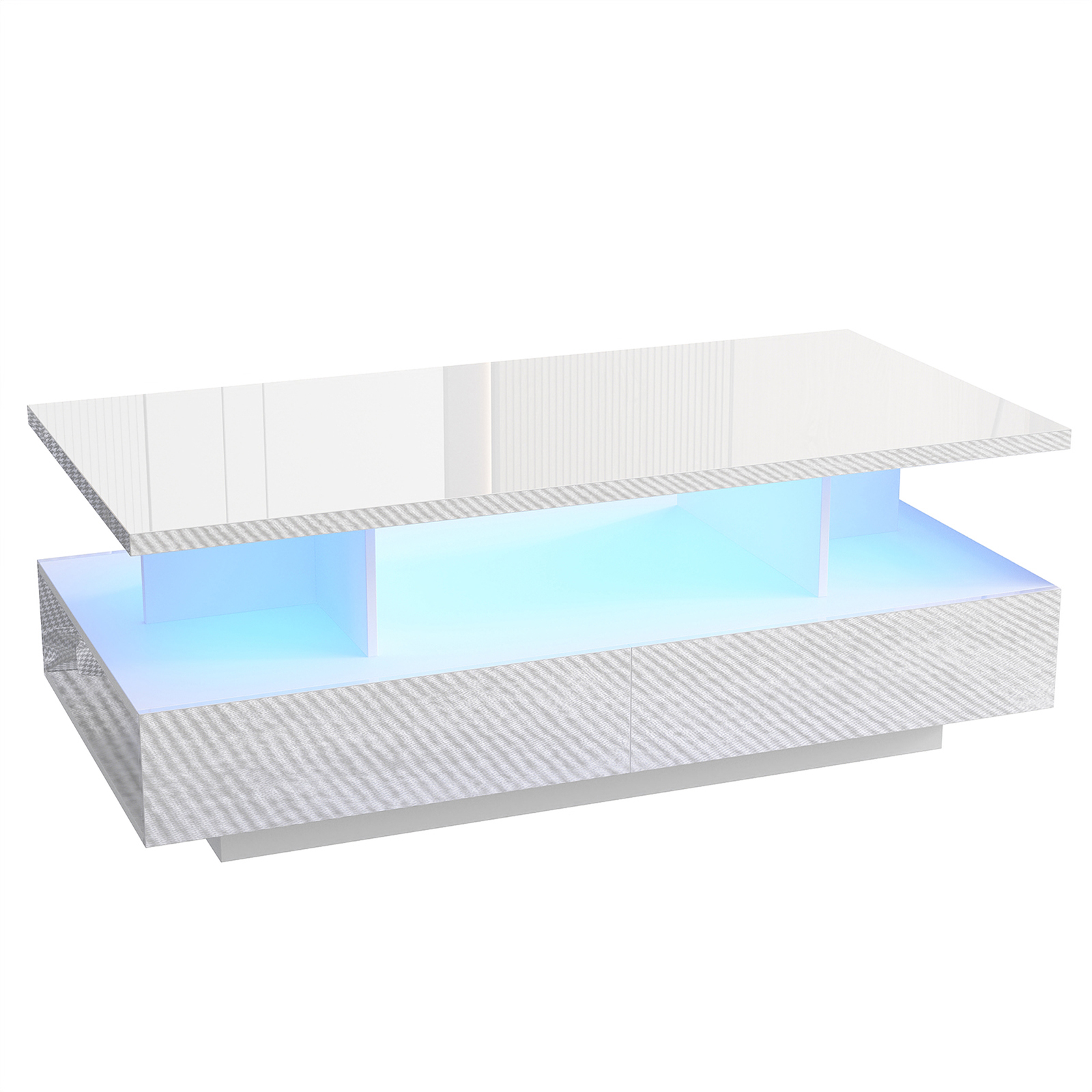 Modern LED Coffee Table with Storage, High Gloss Coffee Tables Rectangular Center Table with Open Display Shelf & 2 Sliding Drawers